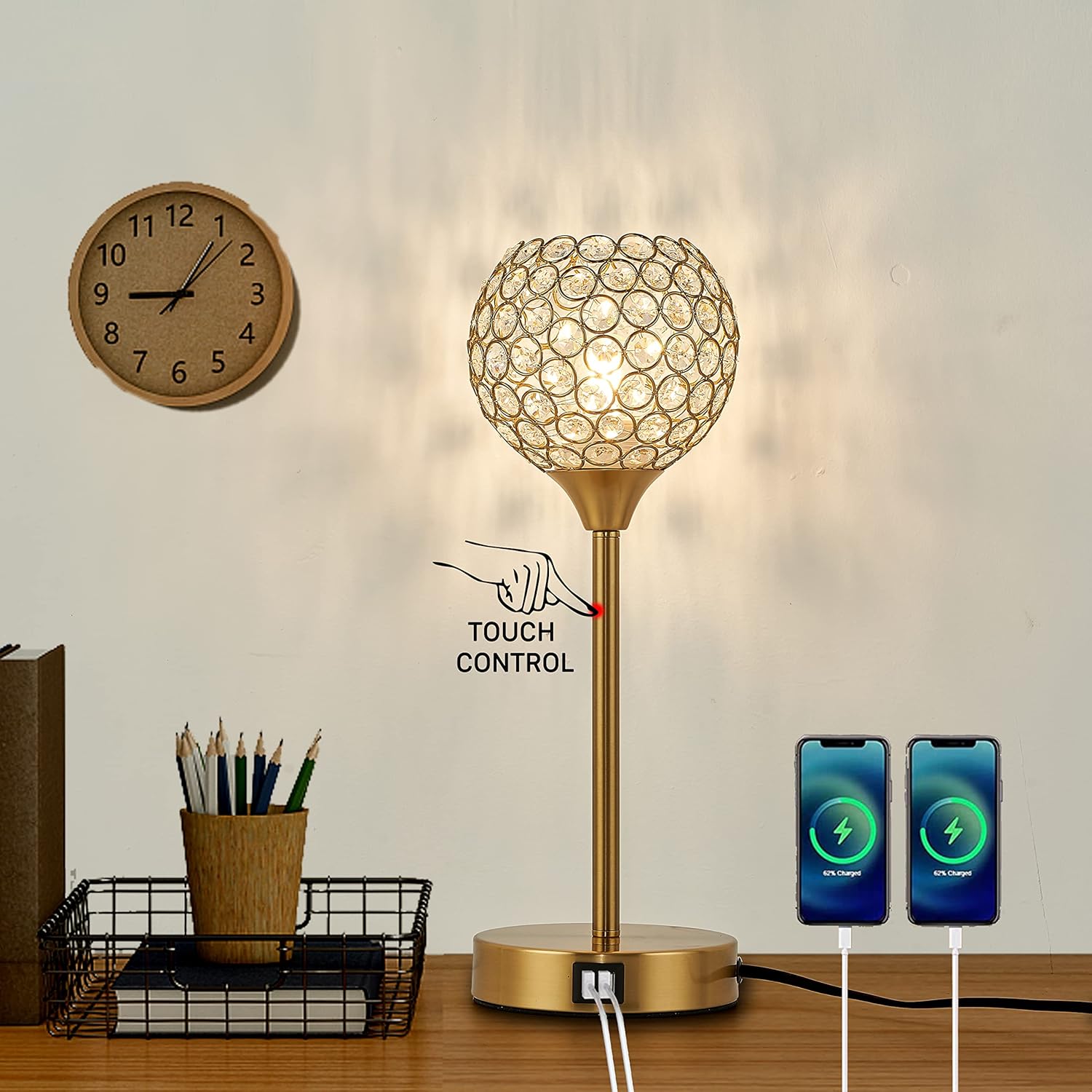 DFL Touch Control Crystal Table Lamp, Gold Spherical 3Way Dimmable
