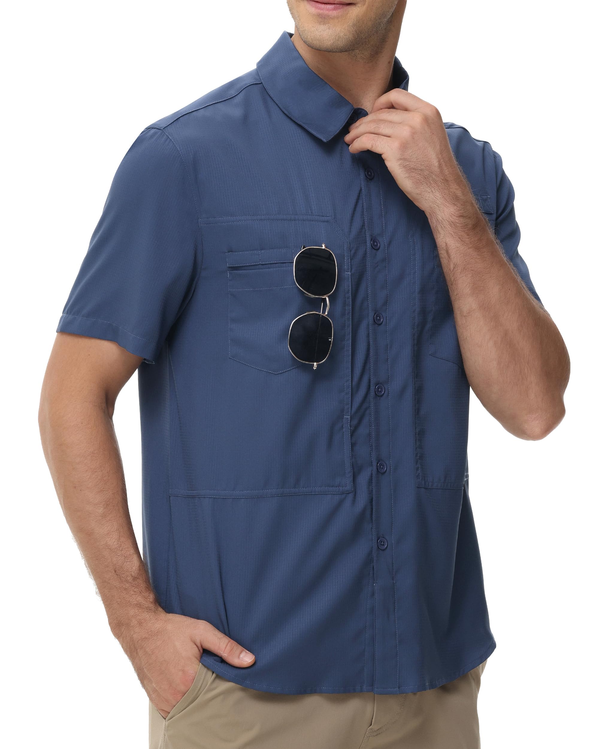 Satankud Men's UPF 50+ Short Sleeve Fishing Shirts Sun Protection Lightweight Hiking Travel Work Button Down Shirt Zipper Pocket (Navy,X-Large)