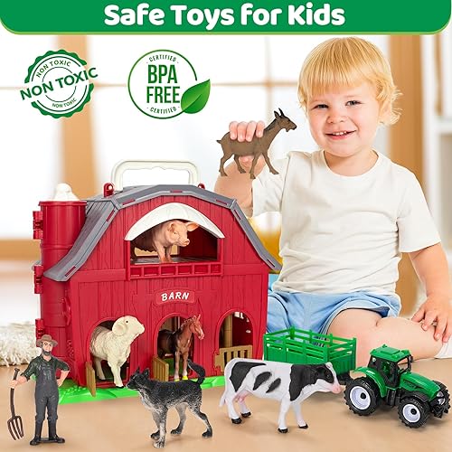 Miniatura 6 de Juguetes de animales de granja para niños de 1, 2, 3, 4, 5 años, granero rojo grande con figuras animales y juguetes de tractor para niños, juego de