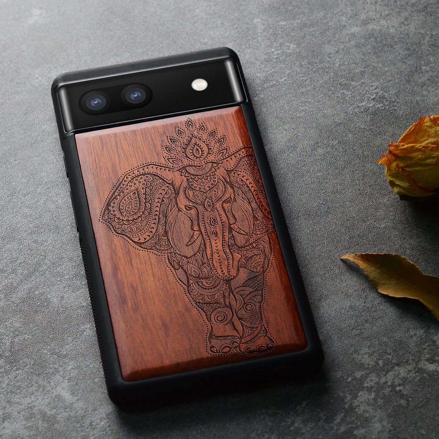 Carveit Wood Case for Pixel 6a Case [Natural Wood & Black Soft TPU] Shockproof Protective Wooden Cover Compatible with Google Pixel 6a (Indian Lotus Elephant-Rosy)