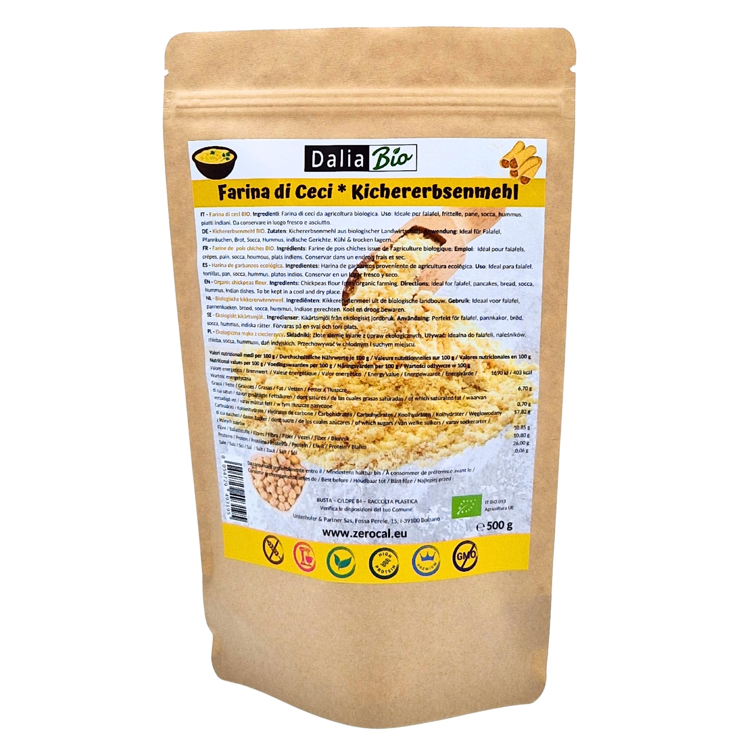 Dalia – Bio Kichererbsenmehl 500g | Glutenfrei | Proteinreich & Ballaststoffreich | Vegan | Premium Qualität | Für Falafel, Panelle, Pfannkuchen und Backrezepte