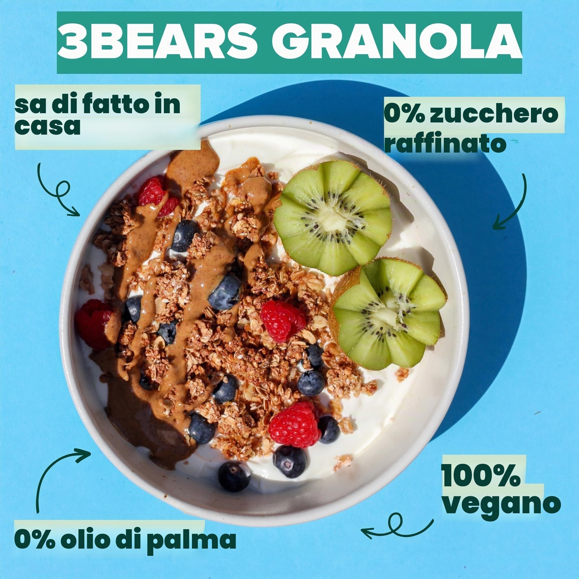 3Bears Granola – Crunch di avena | Granola croccante e vegana con fiocchi di cocco e cannella, 4 x 325 g | Senza zucchero industriale | In collaborazione con Sarah Harrison