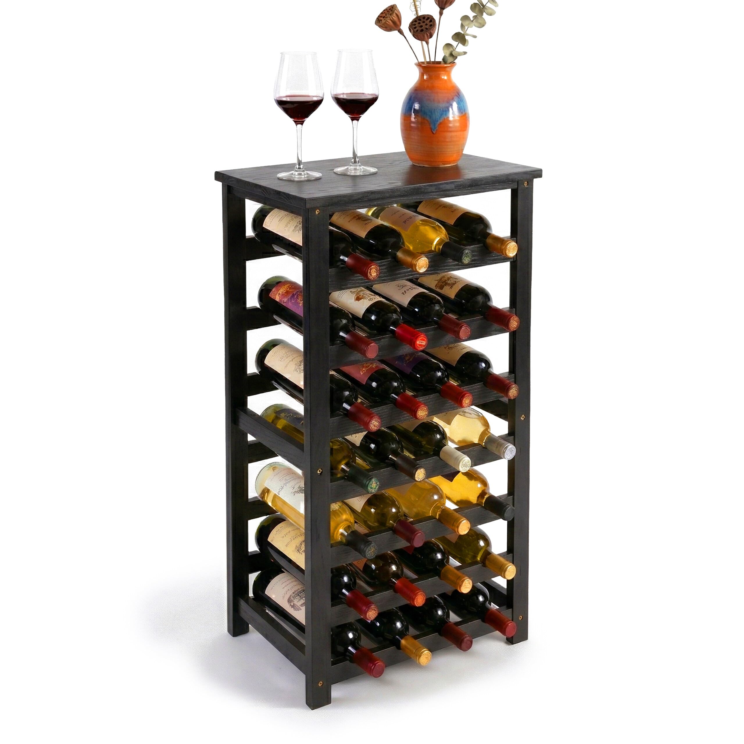 Relaxdays Weinregal, 28 Flaschen, Walnussholz, HBT 94x47x26 cm, Weinhalter für Rot- & Weißwein, Flaschenregal, schwarz