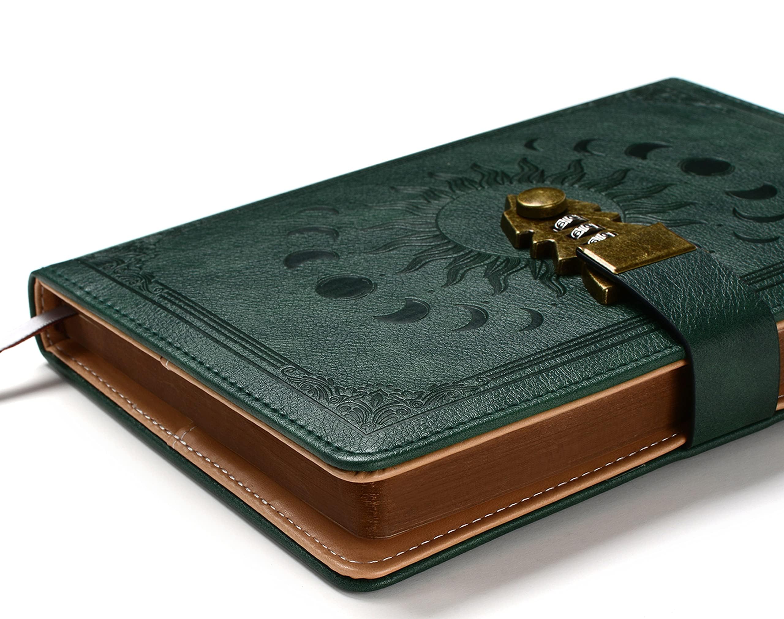 Carnet Secret avec Code 21 x 15,5 cm 224 Pages Couverture Cuir PU Design Relief Soleil Lune Vert Émeraude