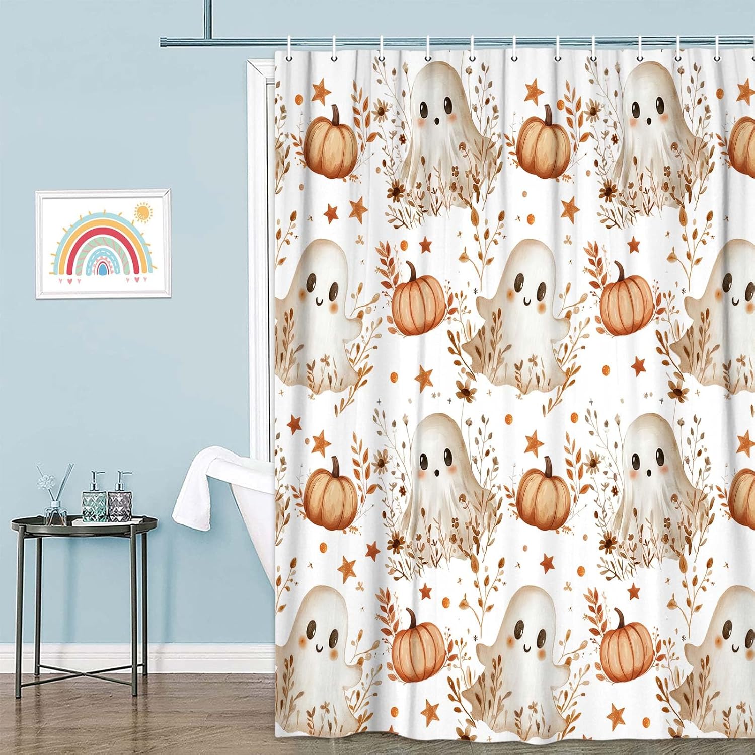 DYNH Halloween Ghost Shower Curtain, Cute Ghost Floral Rustic Flowers Pumpkin Funny Halloween Bathroom Fabric Shower Curtain Set Decor with Hooks,72X75In