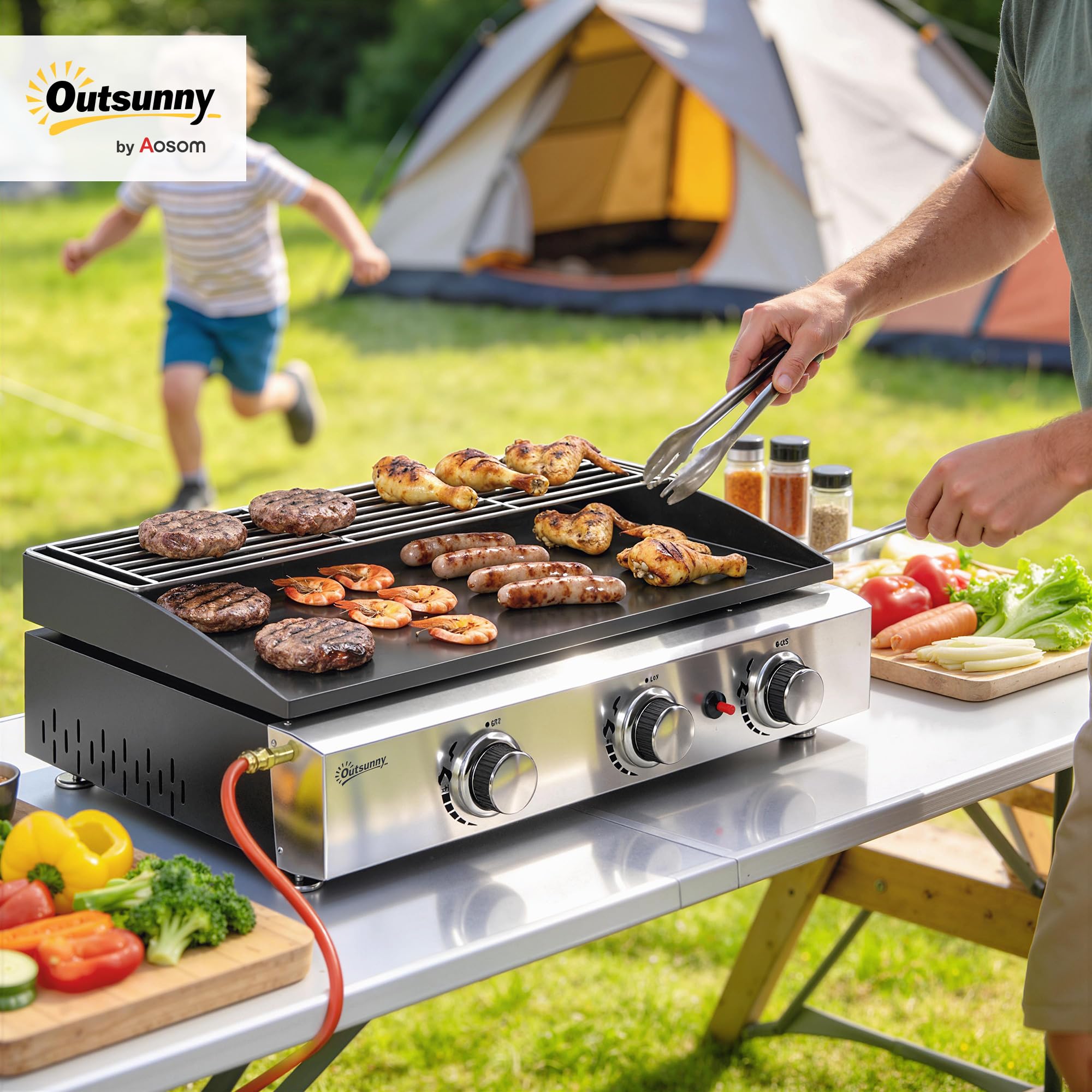 Outsunny Plancha Gaz Extérieur 3 Brûleurs en Acier Inoxydable 7,5 kW, Noir | Plaque Émaillée Anti-Chaleur Facile à Nettoyer, Barbecue de Table, Grille de Maintien au Chaud