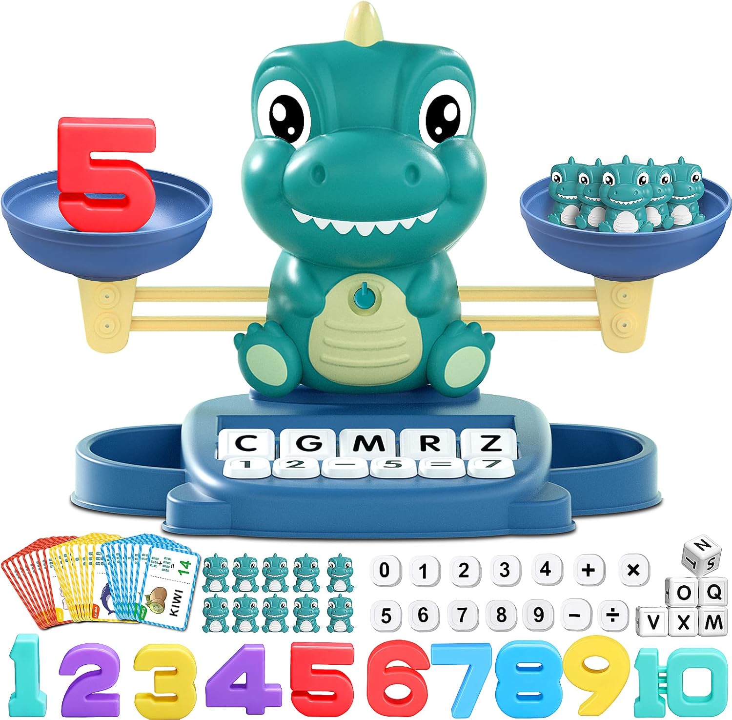 Dinosaur Math Balance Toy for Boys and Girls - Montessori Matching Letter Toy for Kids 3 Year Olds, Educational Kindergarten Preschool Early Learning, Birthday Gift for 4 5 6 7 Years Old Advanced Green