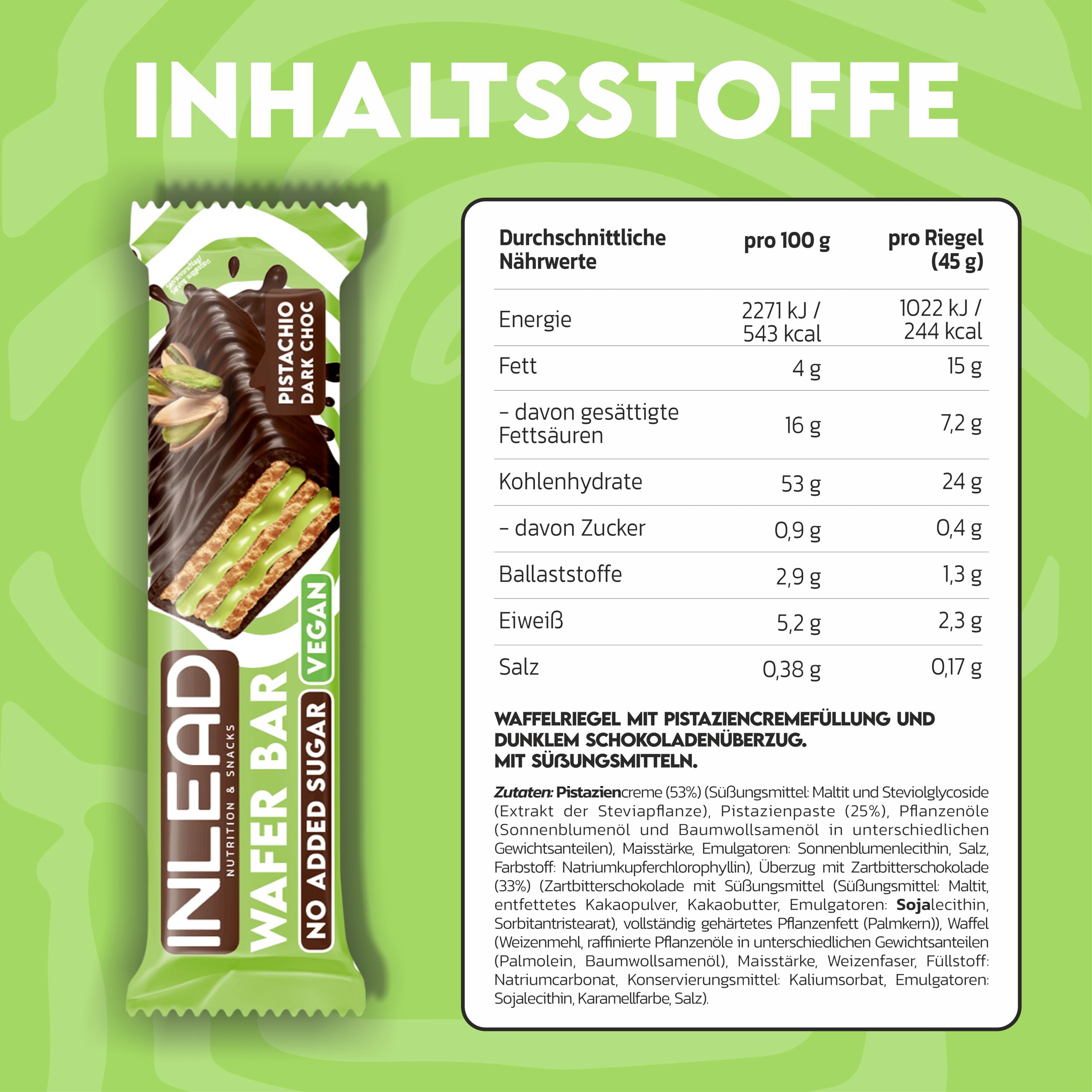 INLEAD - Wafer Bar | Knuspriger Waffelriegel mit zarter Milchschokolade | Ohne zugesetzten Zucker & Unvergleichlich Lecker - 15 x 45g (Pistachio - Pistazie)