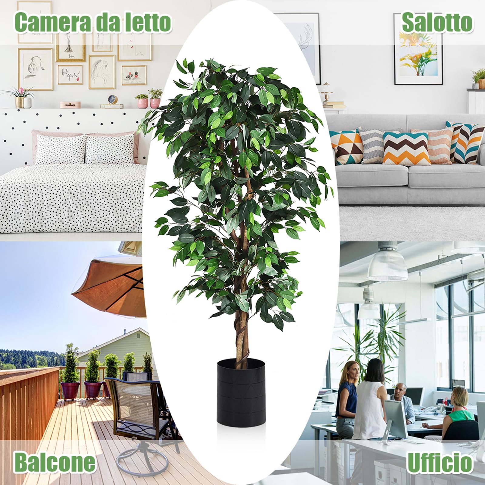 COSTWAY Pianta Finta da Interno da 180 cm, Albero Ficus Artificiale Elegante in Vaso, Pianta Artificiale per Salotto, Camera da Letto e Balcone