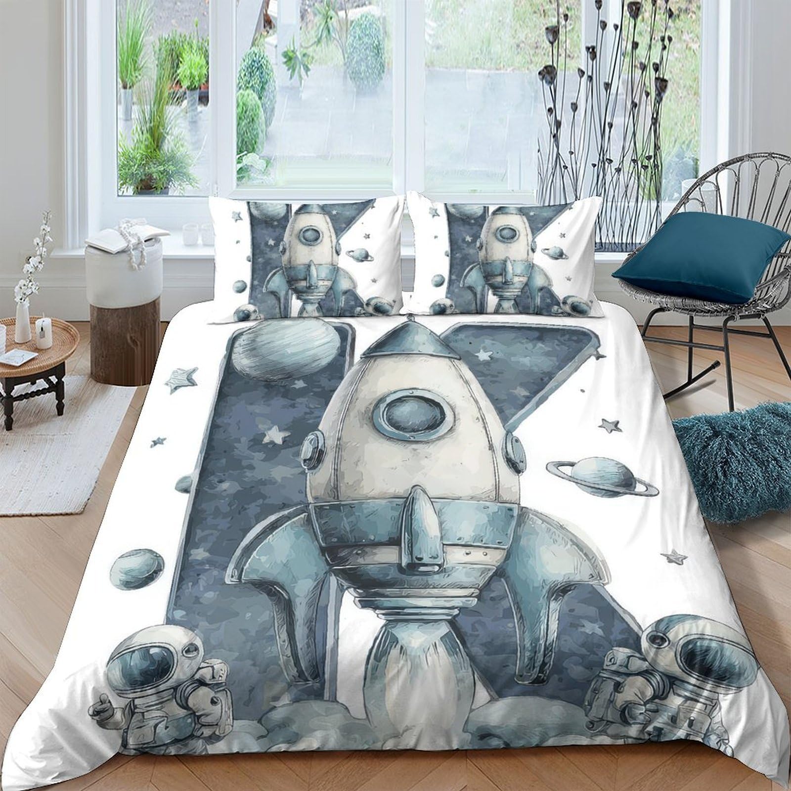 Ctjqhvkz Style-8 3D Printed Retro Robot Fitted Sheet Microfiber Soft Breathable Space Rocket Mattress Cover For Bedroom Dorm Decor Single（135X200cm）