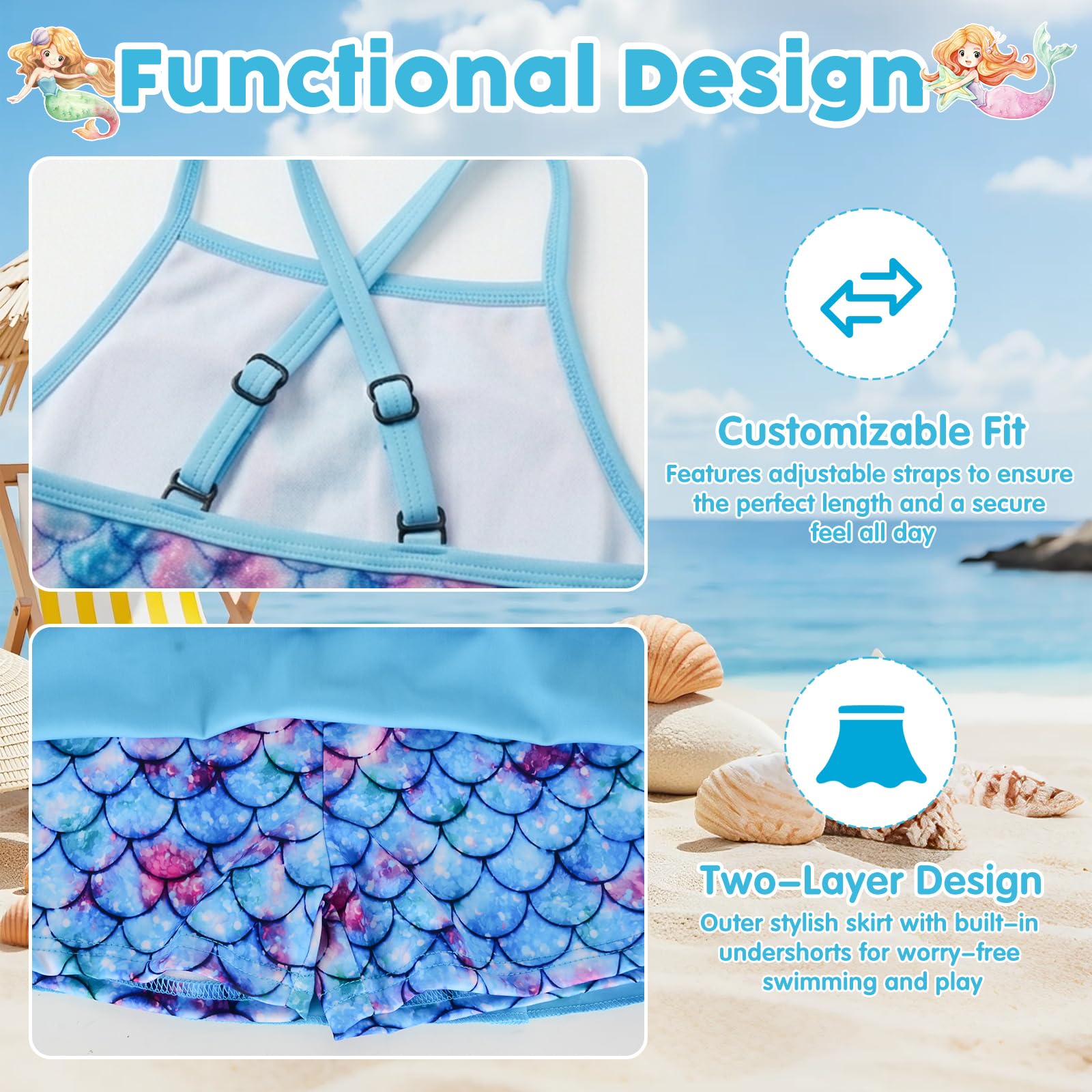 Costume da Bagno Bimba Tankini 4 Pezzi, Set Due Pezzi Design a Scaglie di Pesce con Gonna Pantaloncino, Cuffia e Occhialini, Outfit Estivo Vacanze Tema Oceano 5-6 Anni, Regalo di Compleanno
