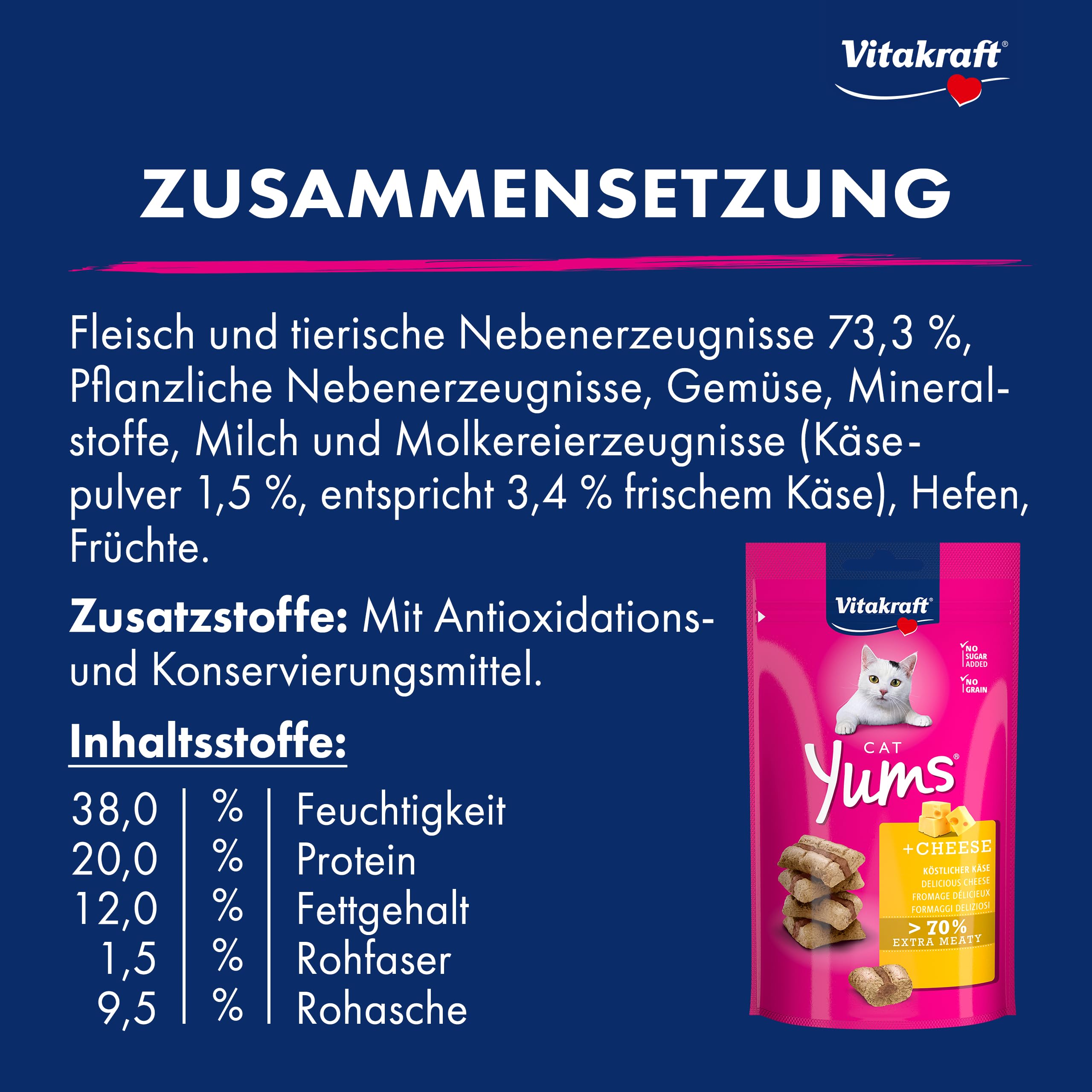 Vitakraft Cat Yums snack gatto morbido ripieno con formaggio senza zuccheri aggiunti 1x 40g