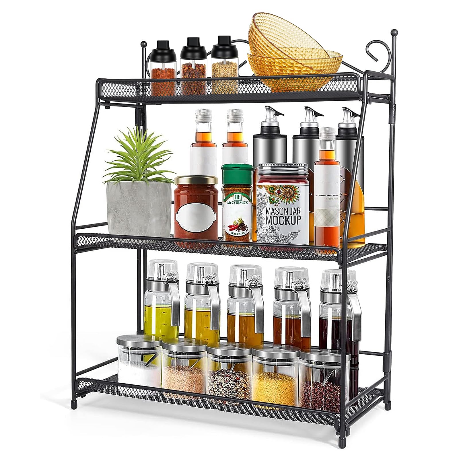 Uten Standing Spice Rack 3 Tier Metal Foldable and Durable Kitchen Rack for Countertop Kitchen Bathroom, Shelf Organizer, Standing Stainless Steel Tiered Shelf