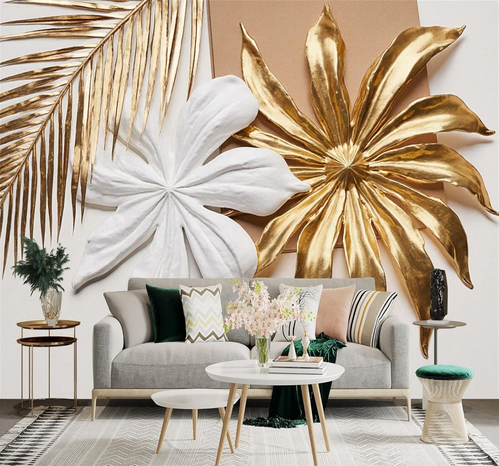 XLMING Gold White Tropical Leaves Floral Patterns Elegant Plants 3D Wallpaper Silky Texture Home Study Office Grey Dining Room Sofa Bedroom Living Room TV Backdrop-430cm×300cm