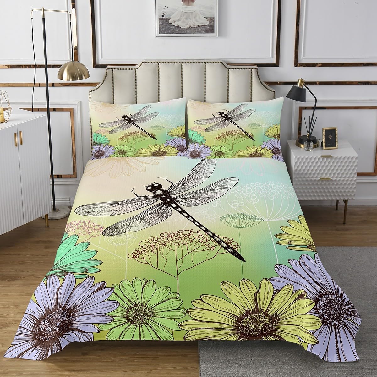 Dragonfly Gifts For Women, Dandelion Floral Quilt Set Queen, Dragonflies Flying Animals Bedspread Set For Lady Girls, Botanical Blossom Petal Coverlet Set, Colorful Dragonfly Wings Bed Set All Season