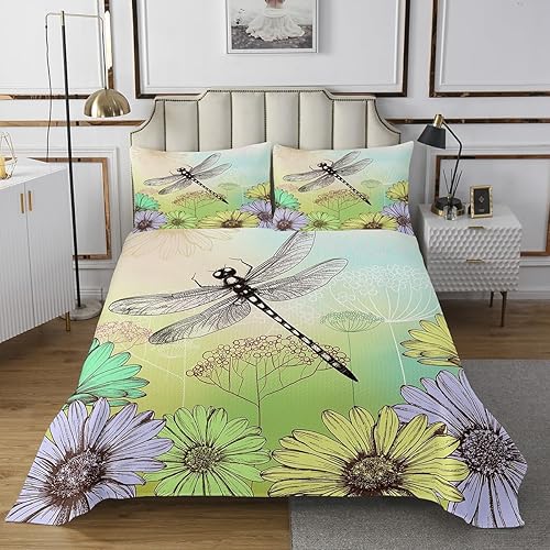 Miniatura 10 de Regalos de libélula para mujer, juego de edredón floral de diente de león, tamaño King, juego de colcha de animales voladores de libélulas para