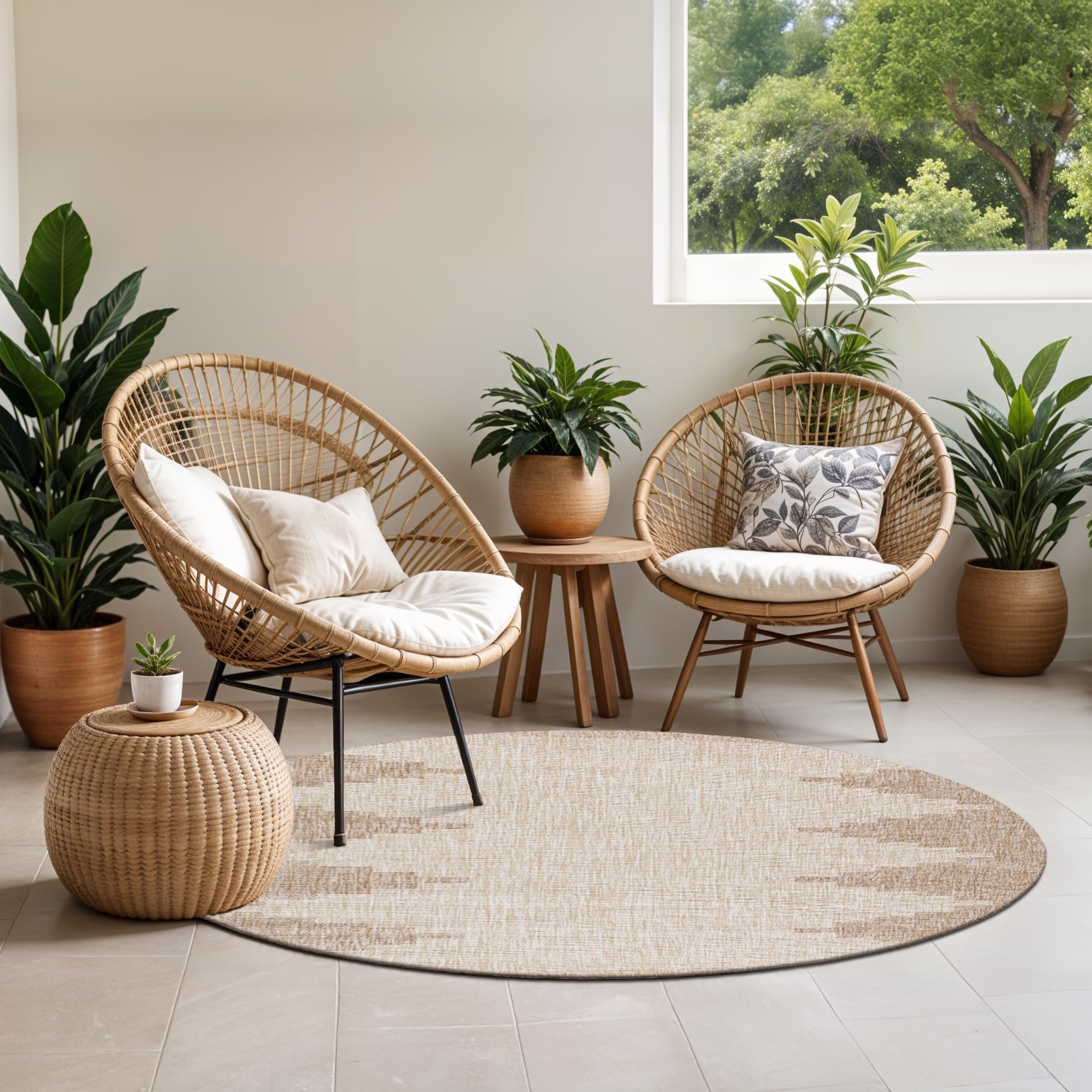 Livabliss RUBAL Round Area Rug - Global Beige, Brown, 160 x 160 cm, 100% Polypropylene, Indoor/Outdoor