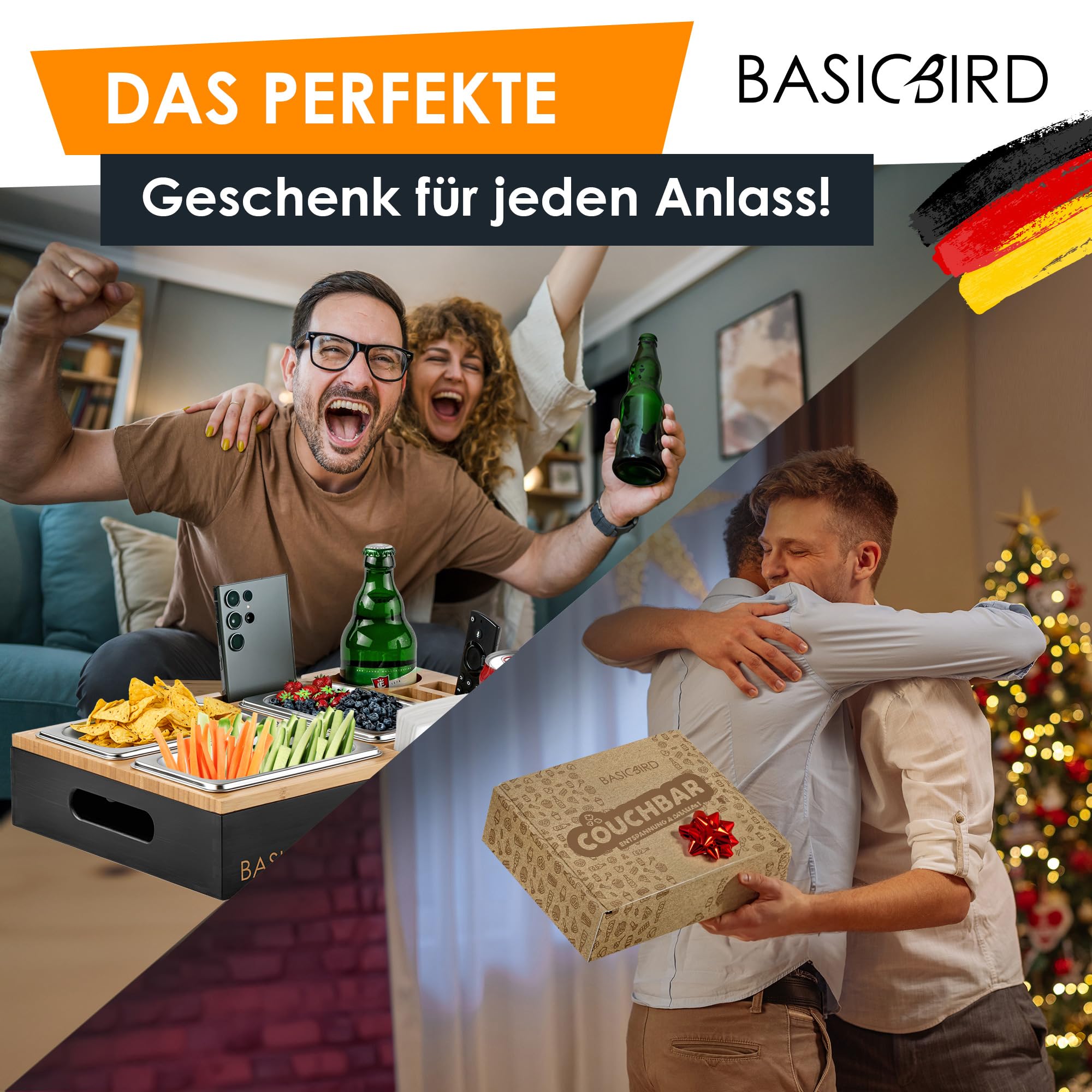BASICBIRD® Couchbar Snackbox Organizer Tablett mit 3X Snackschale Holz Sofatablett Getränkehalter Schwarz
