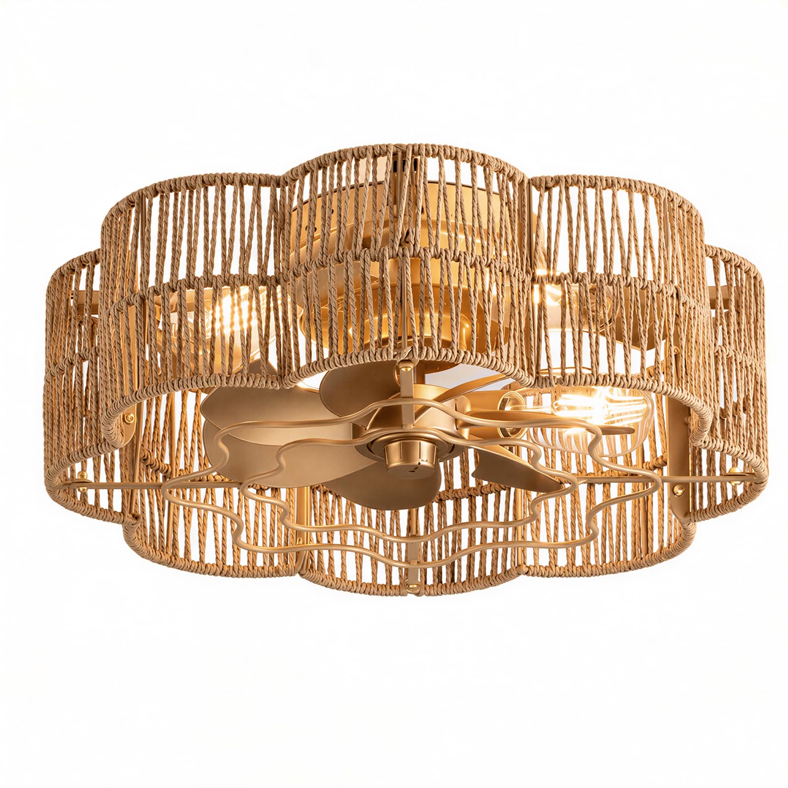 Deckenventilator mit Beleuchtung Boho Blumenform Rattan-Optik Ø47 cm | Fernbedienung, E27, Leise, 6 Geschwindigkeiten, Schlafzimmer Wohnzimmer Esszimmer