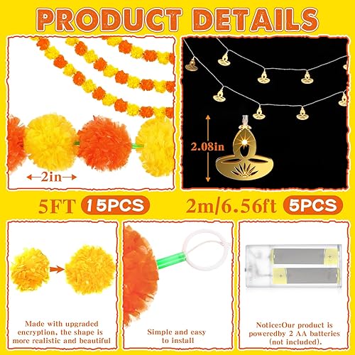 Miniatura 2 de Yunsailing 20 guirnaldas de caléndula de 5 pies y guirnalda de luces Diwali de 6.56 pies Dia De Los Muertos, 15 flores artificiales de caléndula 5