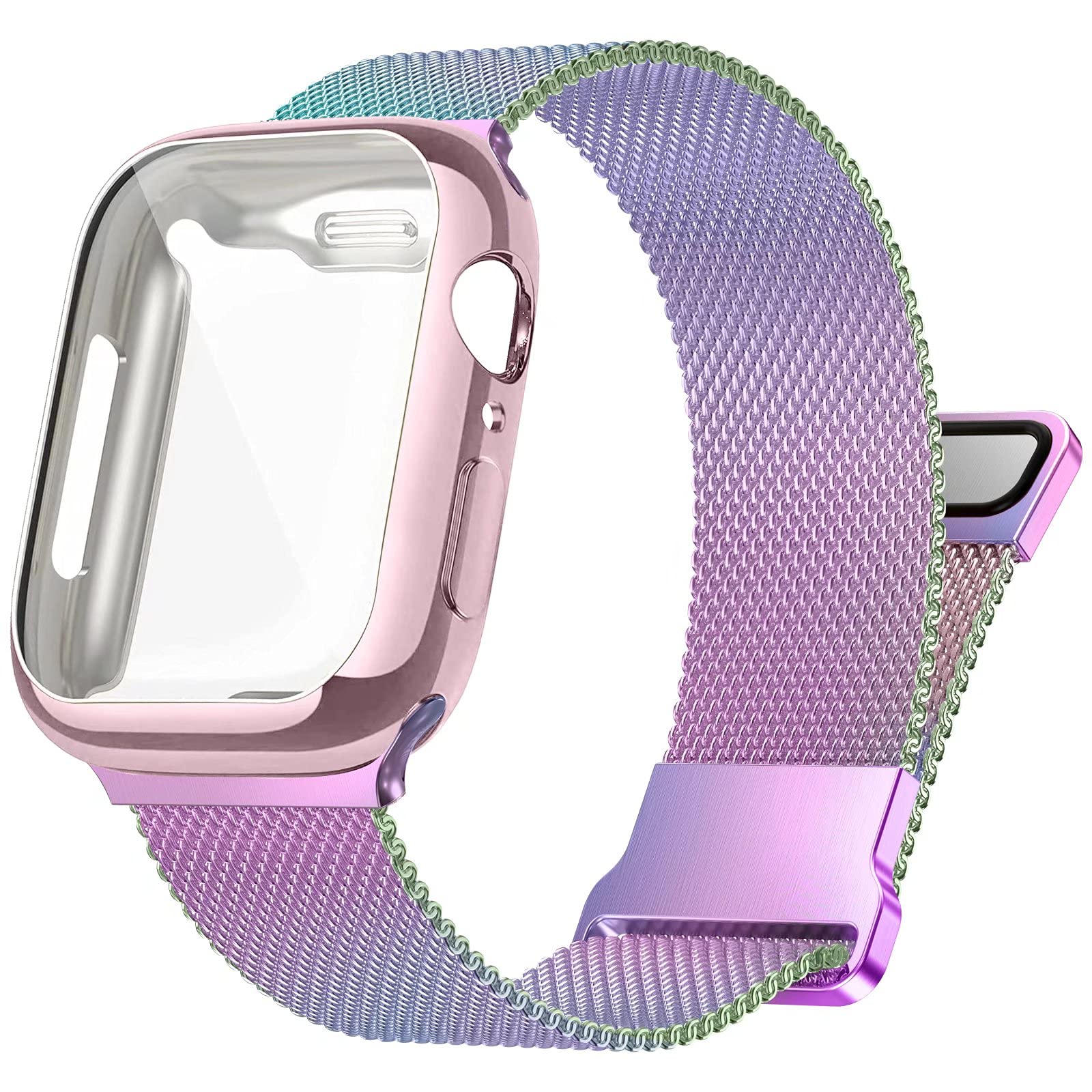 Zsuoop Metal Stainless Steel Band Compatible with Apple Watch Bands 44mm With Screen Protector Case,Magnetic Adjustable strap for iWatch Series 8/7/6/5/4/SE/3/2/1 Women Men,Colorful