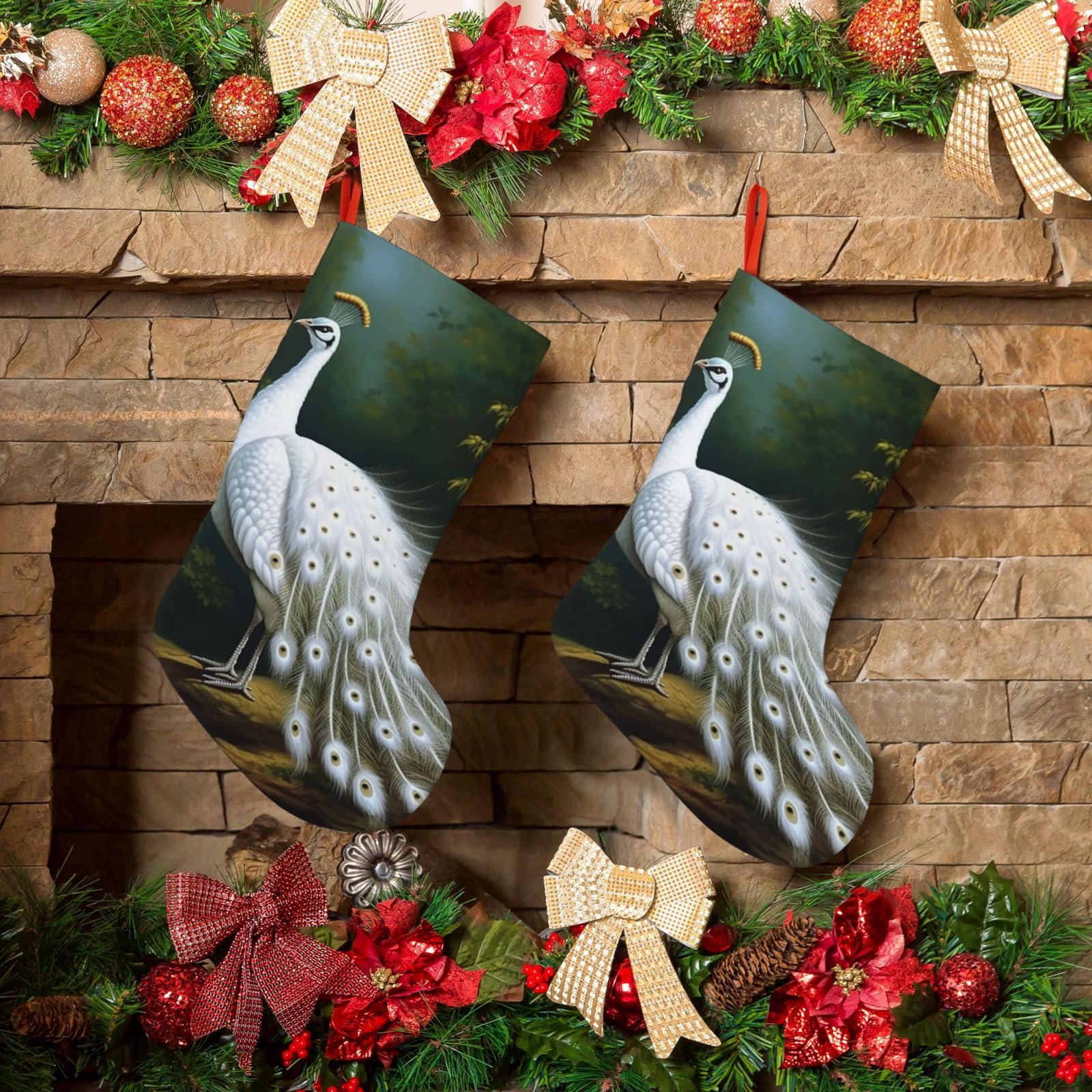 KLOPH Christmas Stockings 18" Personalized Xmas Stocking White Peacock Decoration Stocking Hanging Fireplace Stocking for Holiday Xmas Tree Christmas Fireplace Decor