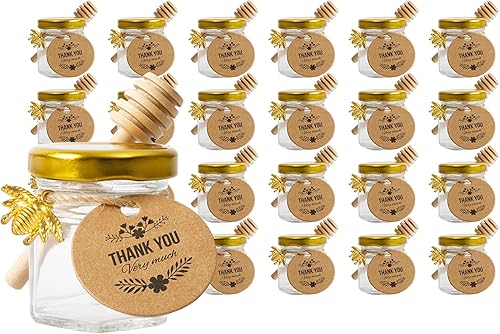 Miniatura 9 de Paquete de 48 mini tarros hexagonales de vidrio de 1.5 onzas con tapa dorada, dije de abeja de abeja, palitos de miel y cuerda de etiqueta de yute,