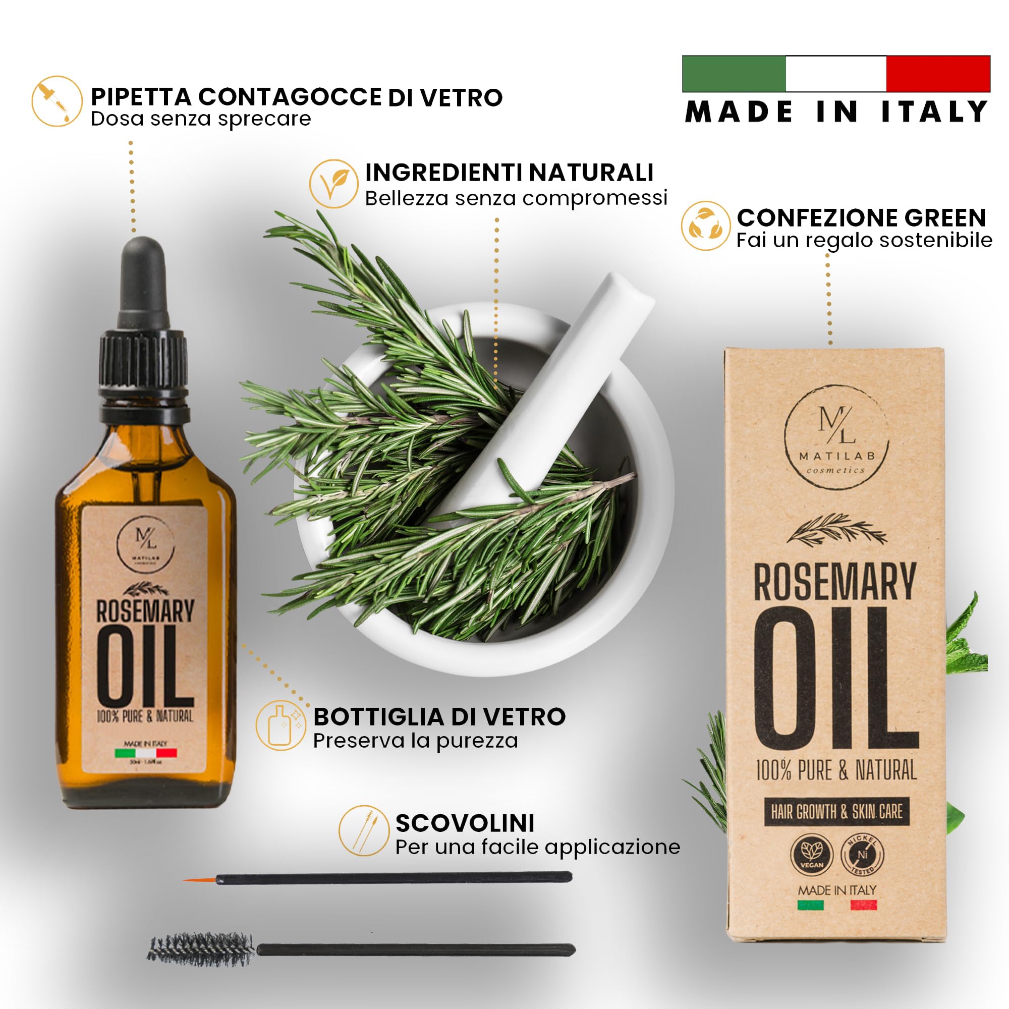 Olio di Rosmarino per Capelli, Stimola la Crescita e Previene la Caduta, Rinforzante con Lino e Biotina, Nutre il Cuoio Capelluto Secco, Infoltisce Ciglia e Sopracciglia, Made in Italy 100%
