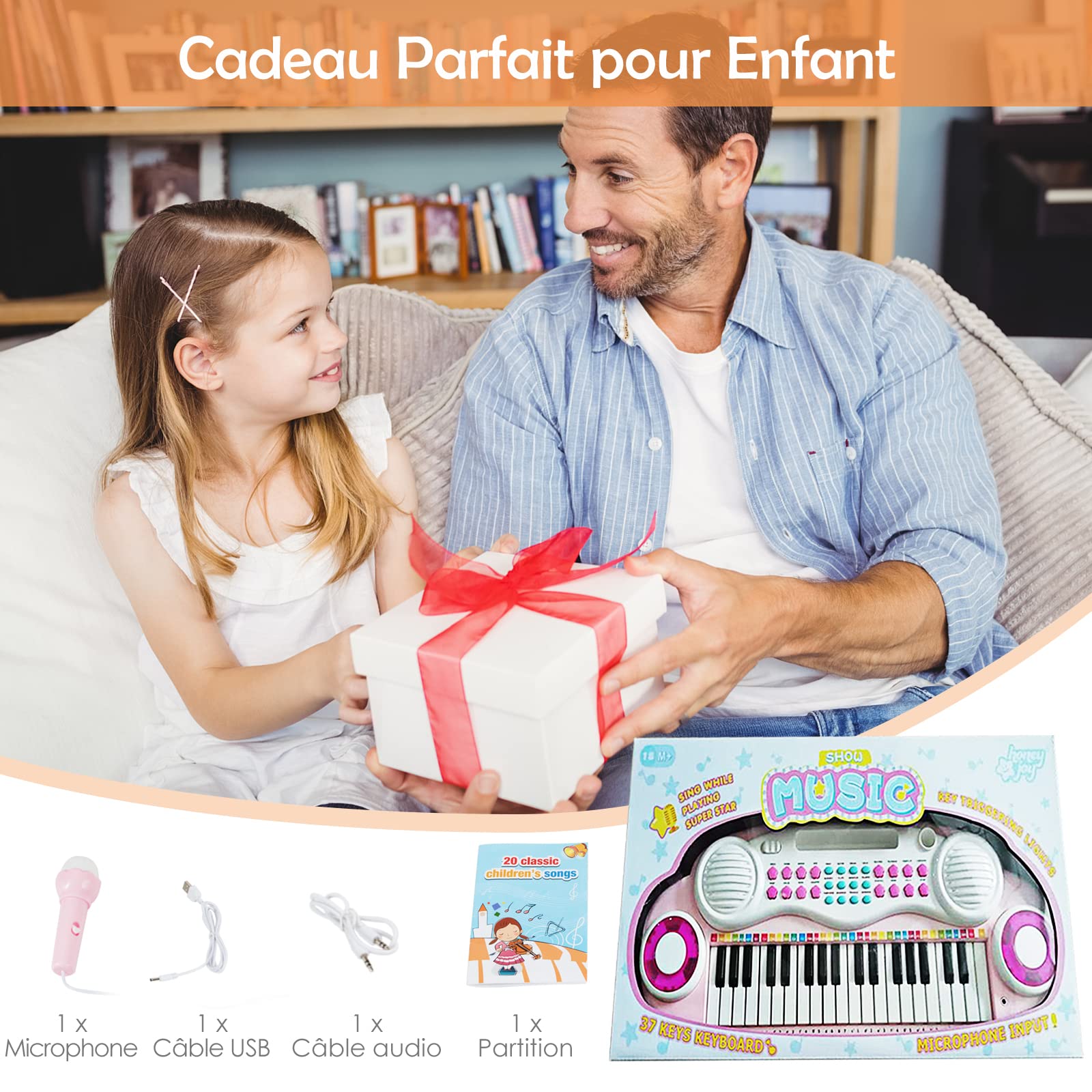 DREAMADE Piano Numérique pour Enfants 37 Touches, Clavier Électronique pour Enfants avec Microphone,Fonction d'Enregistrement et de Lecture,Effets d'Éclairage&Accessoires Abondants (Rose)