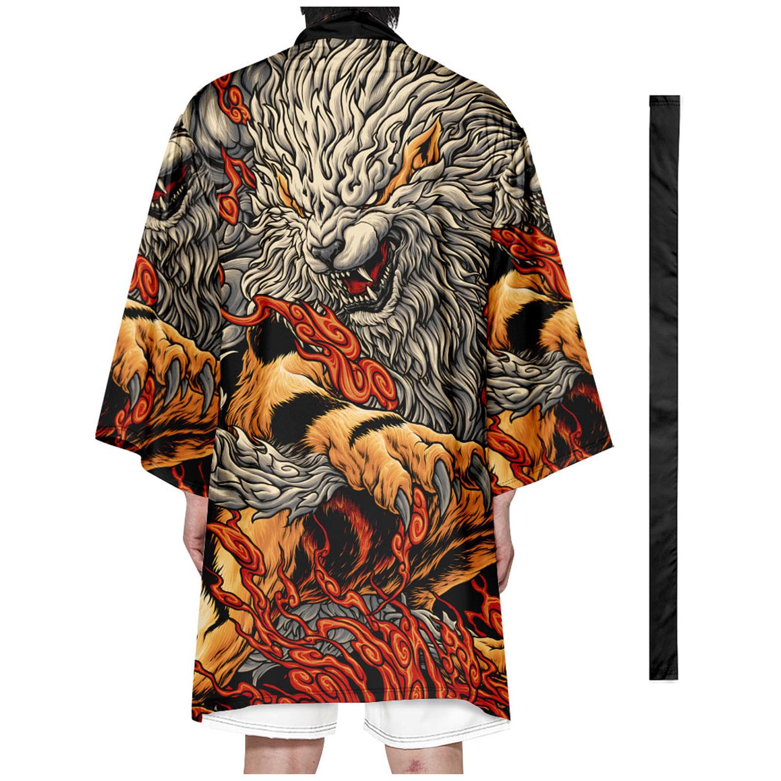 DAYKET Men's Kimono Robe with Belt,Japanese Style Kimono Cardigan Jacket Plus Size Printed Dressing Gown - Summer,Black-6XL