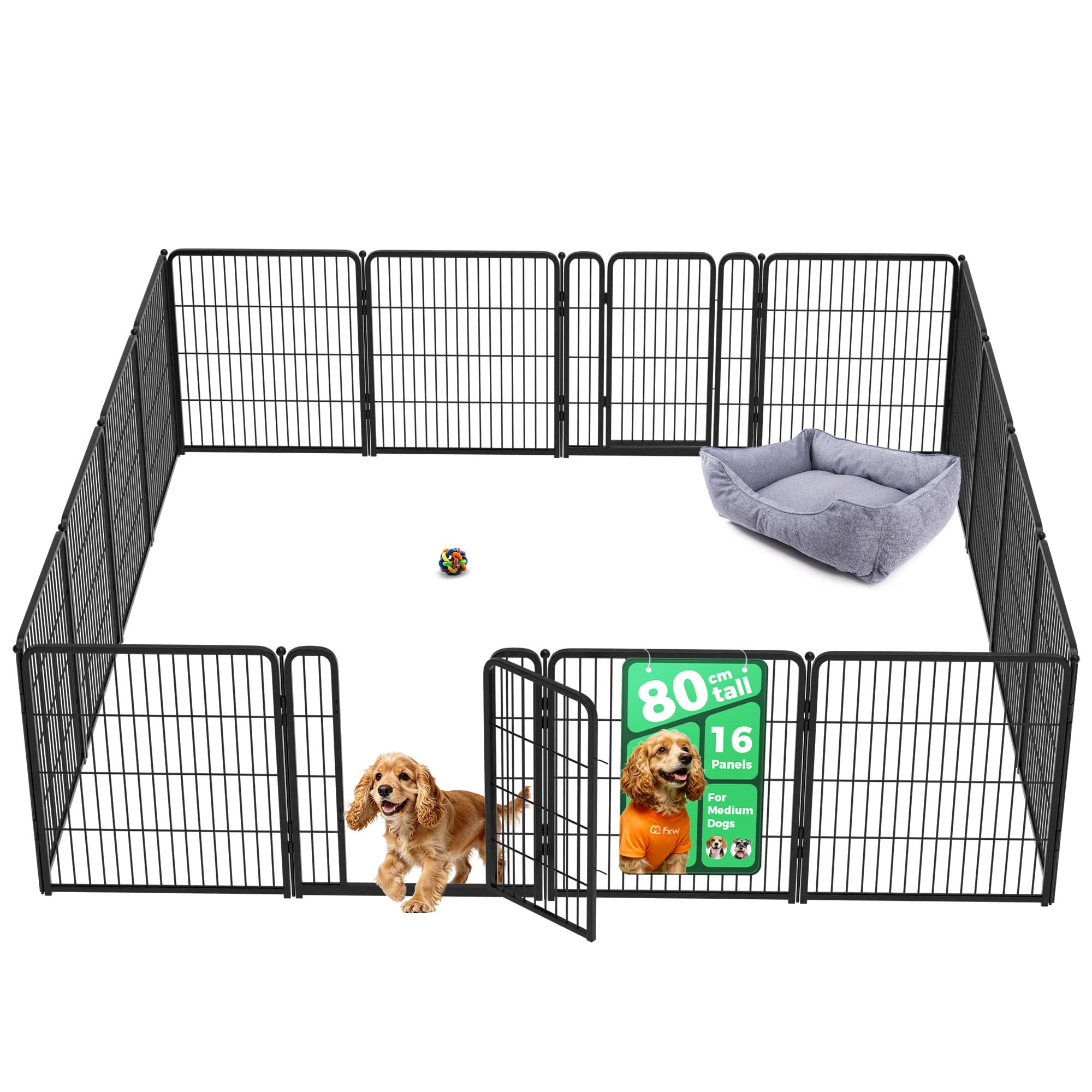 fxw Homeplus Unleashed Indoor Dog Playpen - Stress-Free and Safe Play, Heavy Duty 80cm Height 16 Panels Dog Pen for Small and Medium Dogs, Black│Patent Pending