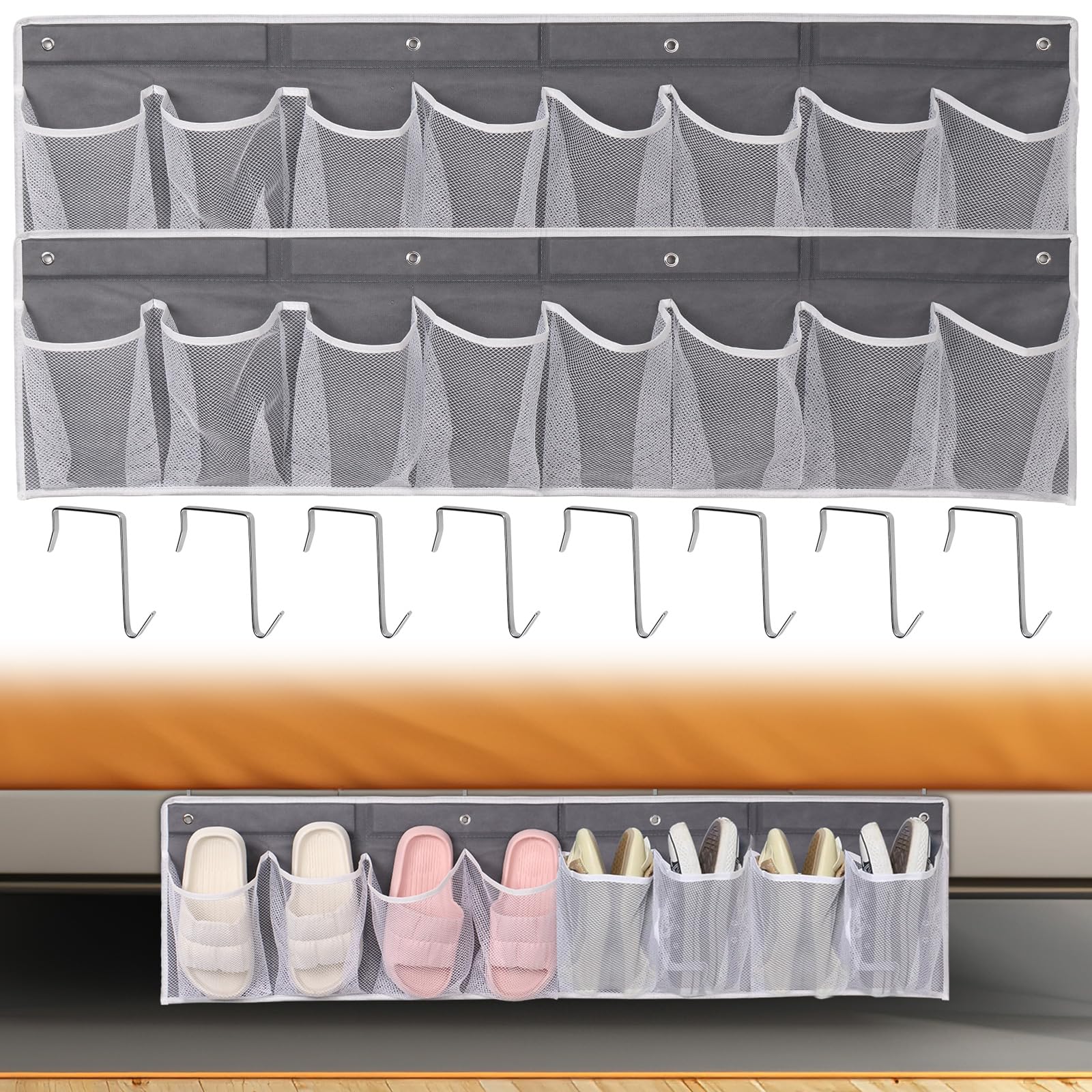 KTZCTPCA 2 Pack Bedside Hanging Shoe Organizers, 8 Large Mesh Pockets with 4 Hooks Shoes Boots Organizer, RV Shoe Storage Pockets Space Saving, Closet Organizers for Caravan Bathroom Bedroom Closet