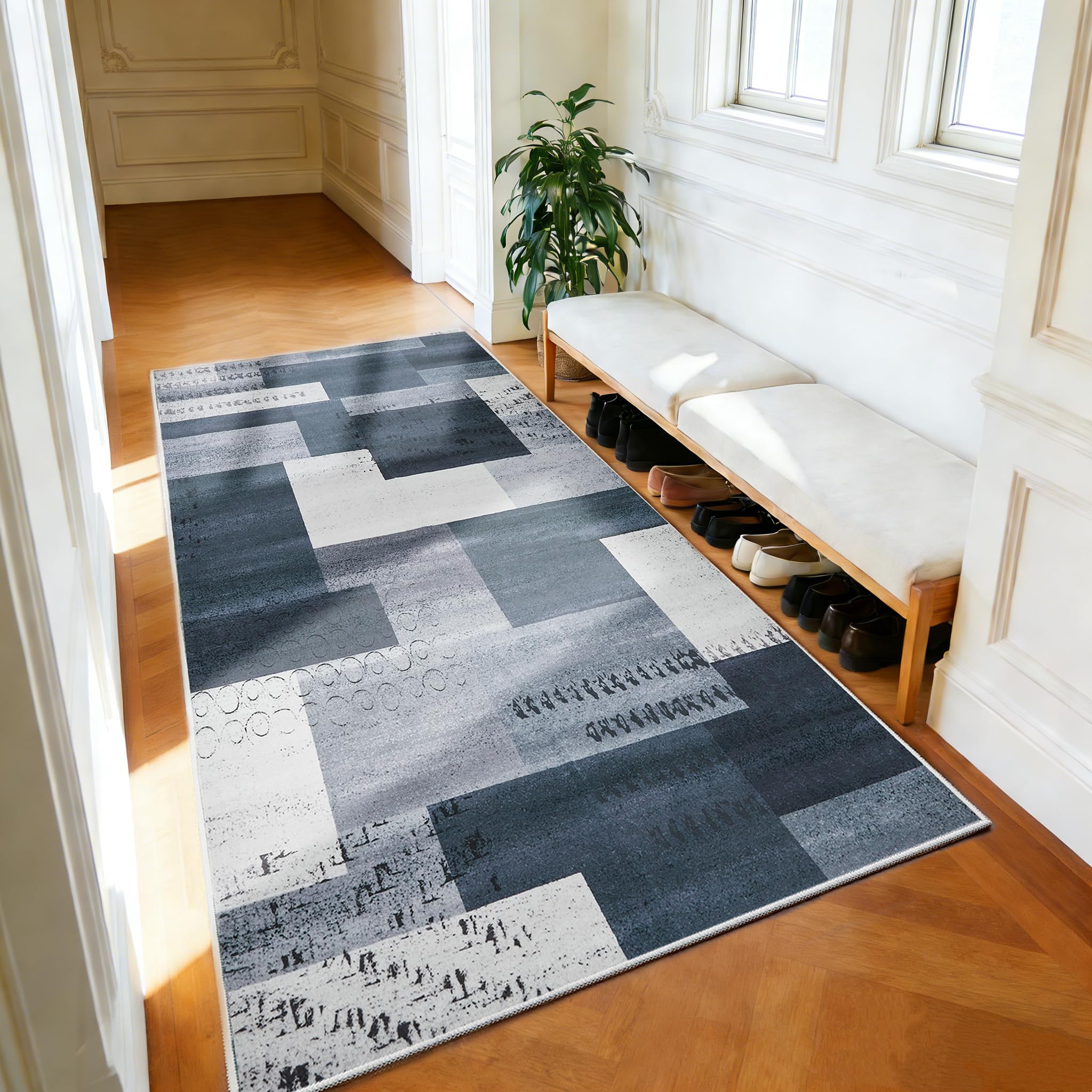 Wohnzimmerteppich 200x280 cm, waschbarer geometrischer Teppich fürs Schlafzimmer, kurzflorig, weich und rutschfest, abstrakter großer Teppich für Klassenzimmer, Esszimmer, Büro, Kinderzimmer, Blau