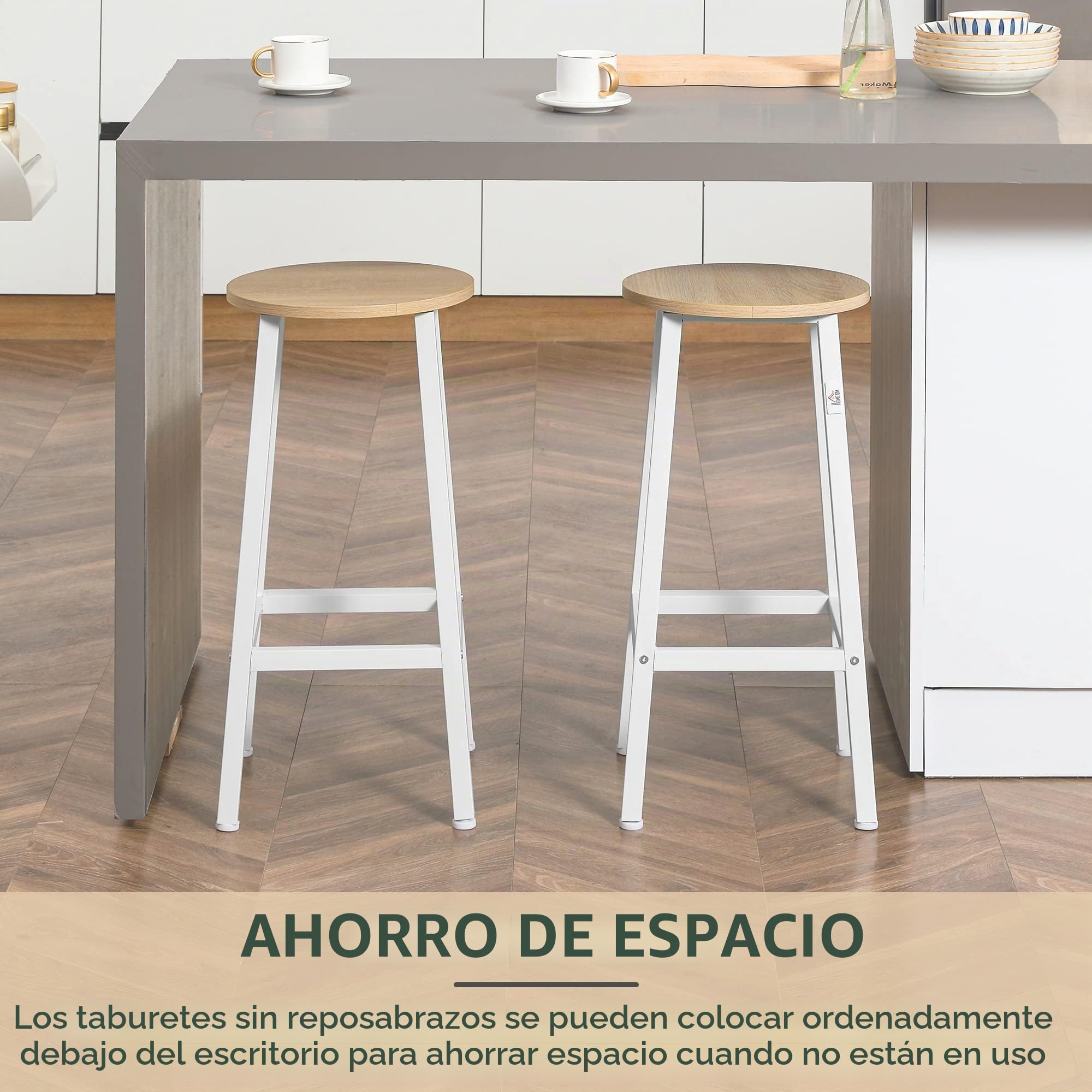 HOMCOM Juego de 2 Taburetes Altos de Cocina 65 cm Madera Natural y Blanco | Taburetes de Bar, Patas de Acero, Reposapiés, para Salón Comedor Bar, Carga 75 kg