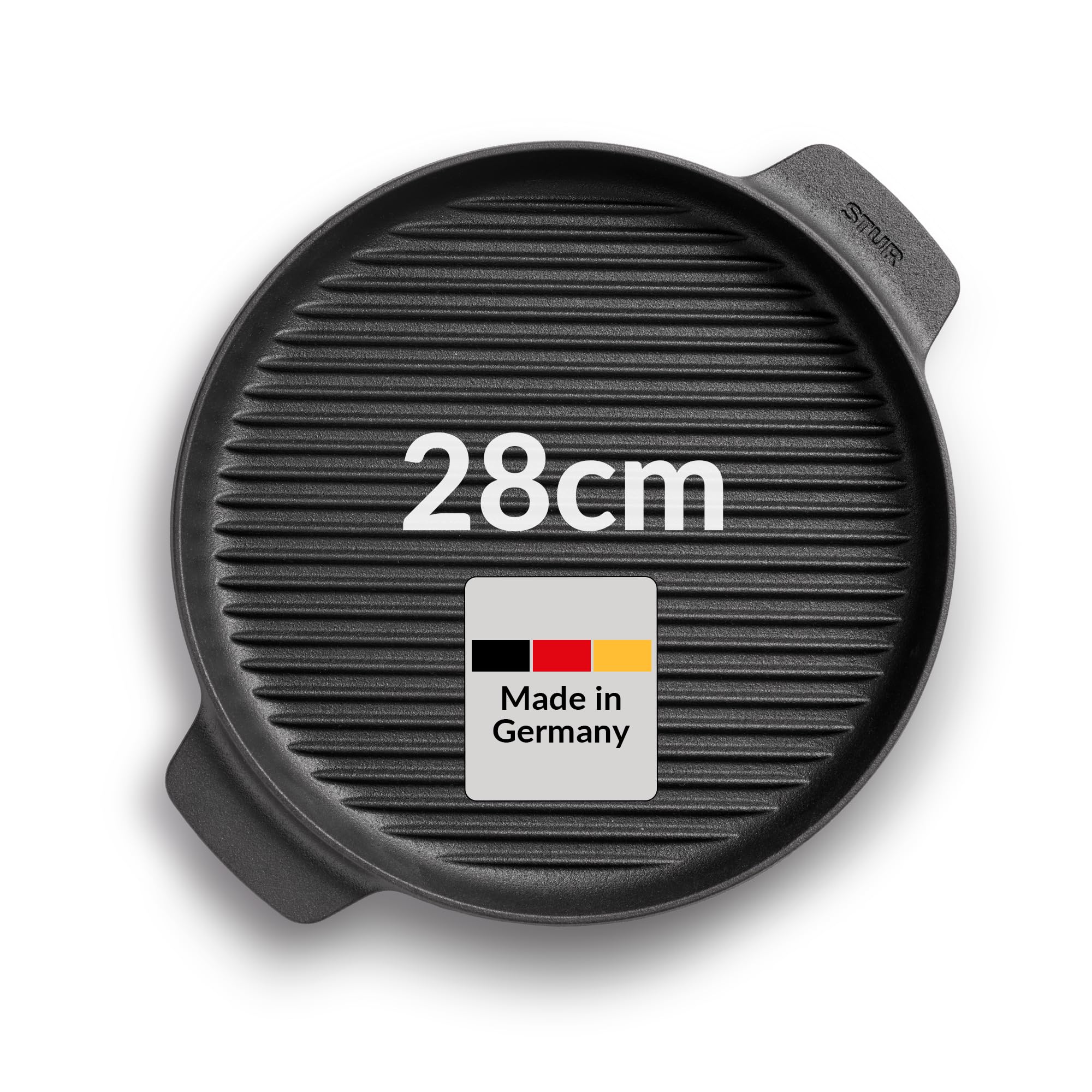 STUR - ORIGINAL Gusseisen Grillpfanne Induktion 28cm - Cast Iron Pan für alle Herdarten - Runde Grillpfanne Gusseisen ohne künstliche ANTIHAFT-BESCHICHTUNG & kratzfest - Made in Germany
