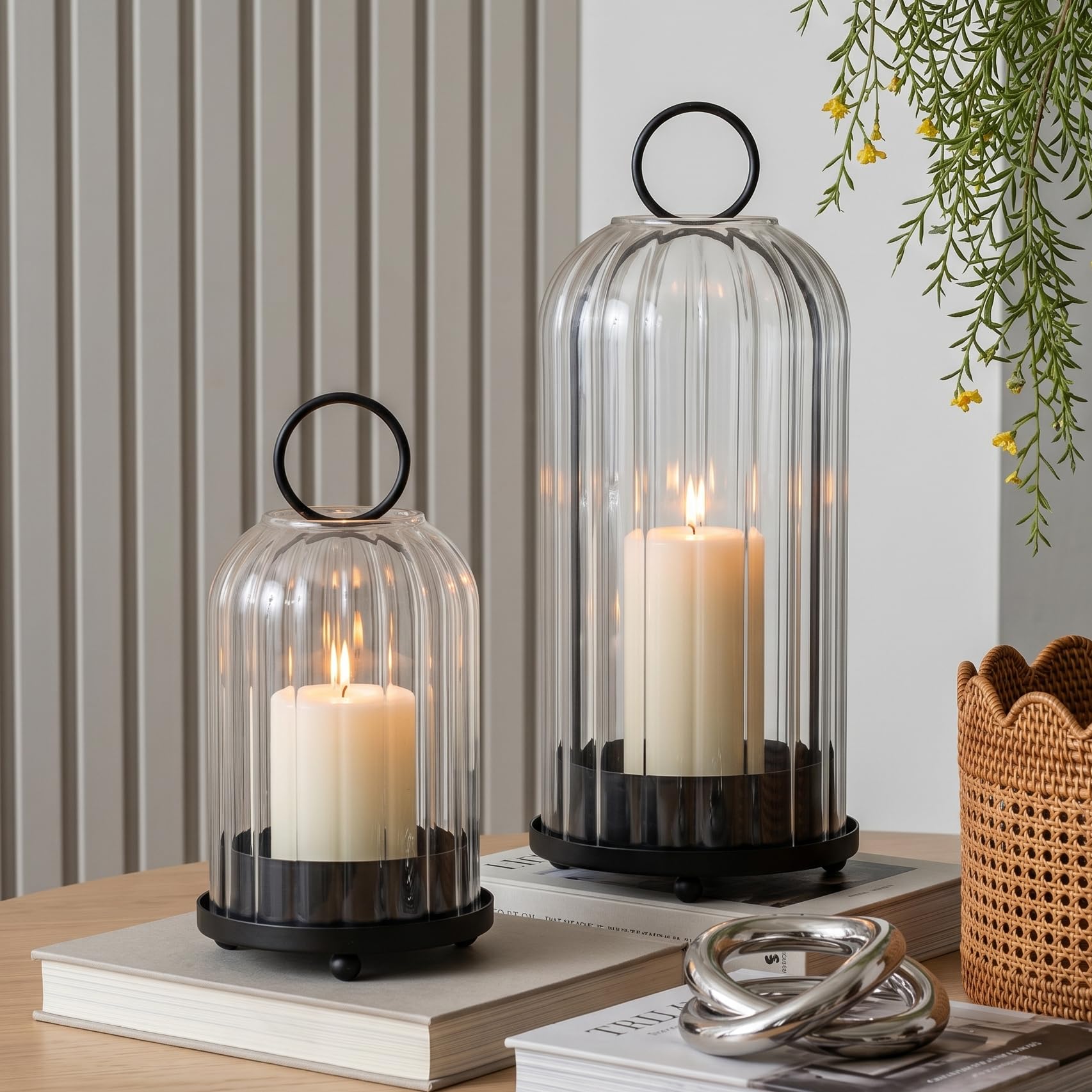 Ganwu 5"&4" Metal Candle Holder with Ribbed Glass Candle Lanterns Set of 2, Vintage Windproof Hurricane Candle Holders for Pillar Candle Holder, Decorative Table Centerpiece Patio Decor (Black)