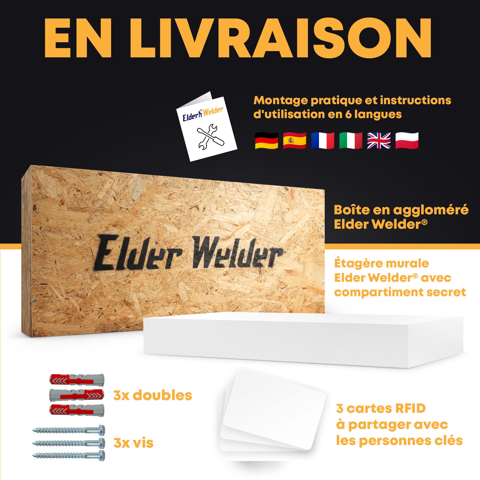 Elder Welder® Étagère Secrète avec Compartiment Secret, Serrure RFID | Blanche, 30cm x 60cm, Coffre Fort Secret, Étagère Murale avec Cachette Secrète à Clé, Étagère Murale Tiroir