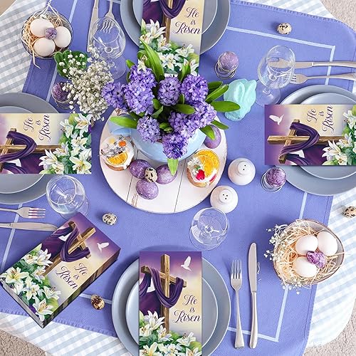 Miniatura 4 de Chiisong 200 servilletas de Pascua con texto en inglés He Is Risen con texto en inglés He Is Risen, servilletas desechables de papel con cruz y