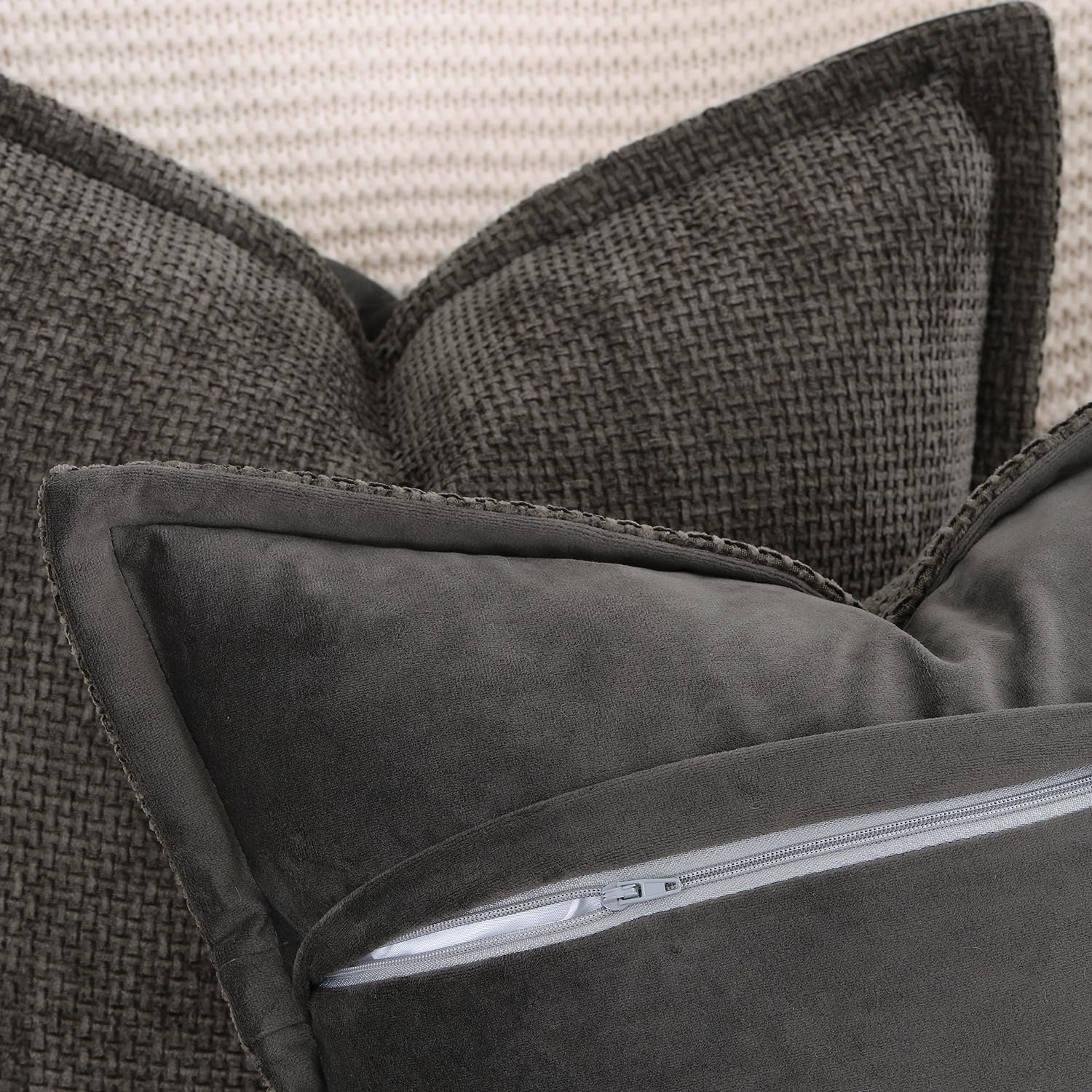 Madizz Set of 2 Chenille Velvet Cushion Covers with Flange Soft Boho Textured Throw Pillow Covers Broadside Pillowcases Modern Farmhouse Home Decor for Sofa Bedroom Dark Taupe 24x24 inch - Image 4