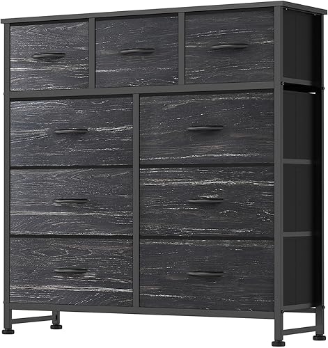 DUMOS Cómoda de 9 cajones para dormitorio, organizador de almacenamiento de tela con marco de metal resistente, cómoda superior de madera para