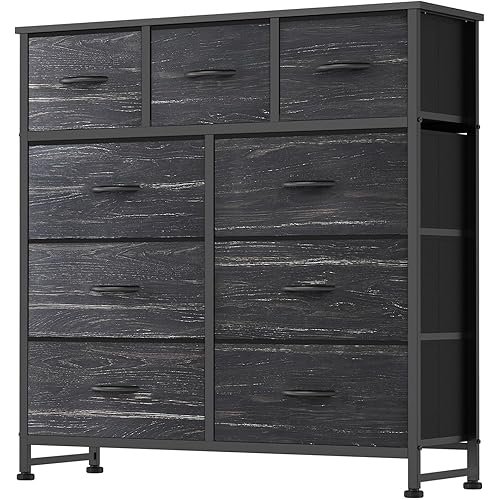 DUMOS 9 Drawer Dresser for Bedroom, Fabric Storage Organizer with Sturdy Metal Frame, Wooden Top Chest of Drawers for Closet Entryway Guest Room,Black Wood
