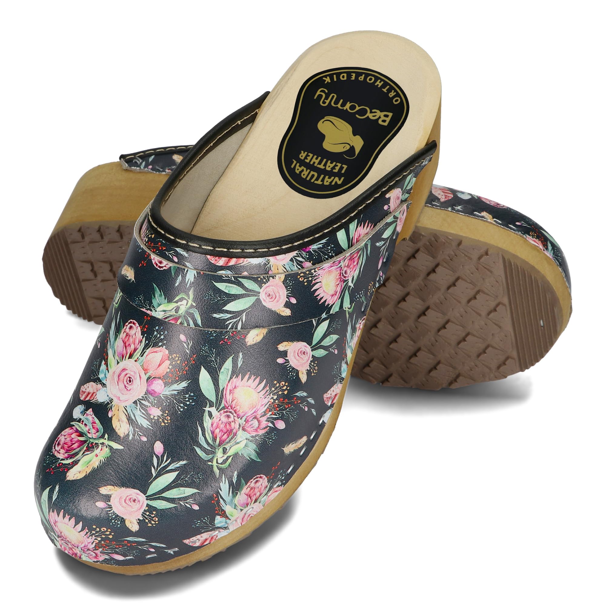 BeComfy Damen Holz Clogs Leder Clogs mit Holzsohle Echtleder Holzclogs Blumen Blau Weiß 35-41 EU