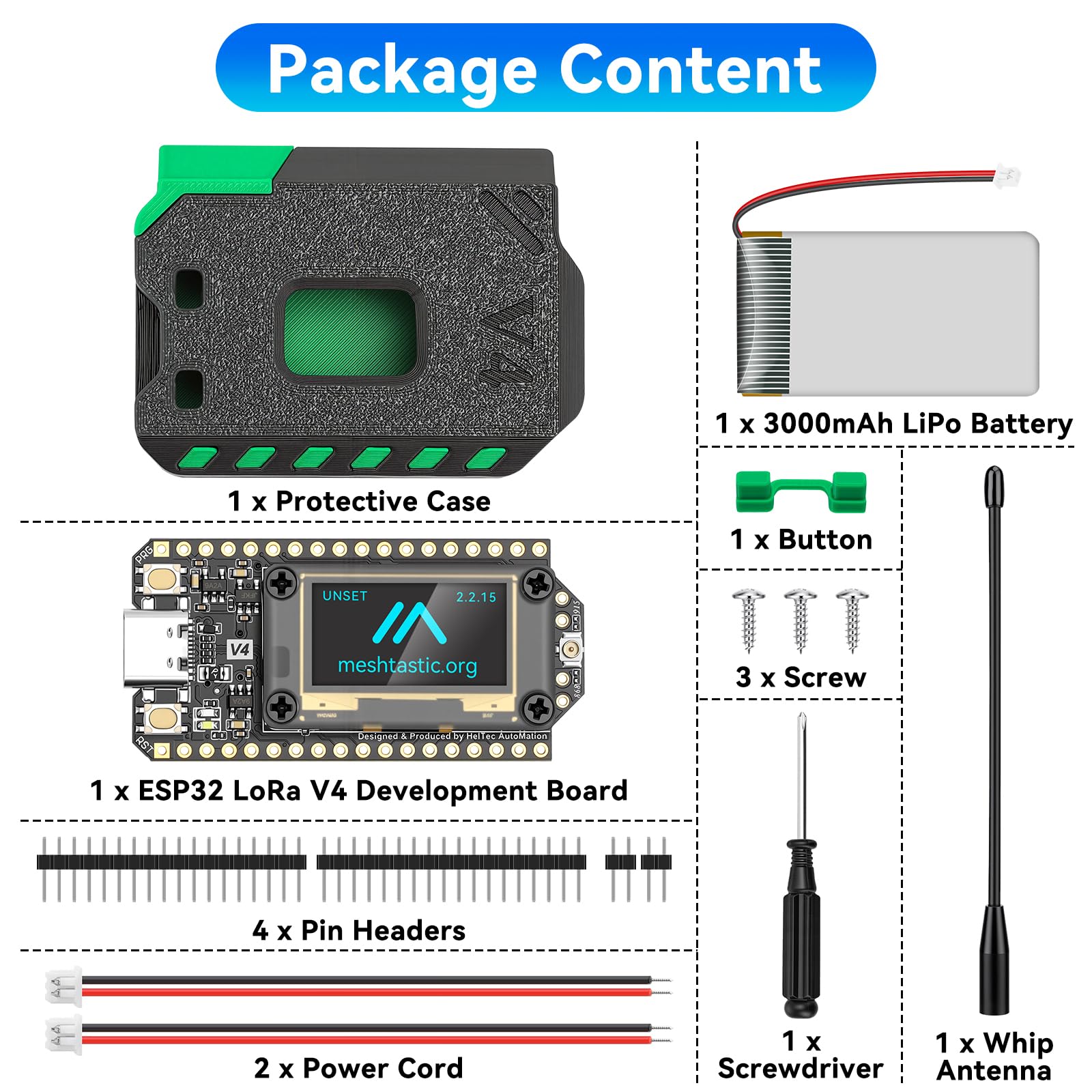 1 scheda di sviluppo ESP32 LoRa V4 con batteria da 3000 mAh e set di alloggiamento, supporta WiFi, Bluetooth, trasferimento dati LoRa 868 MHz per Meshtastic LoRaWAN Arduino