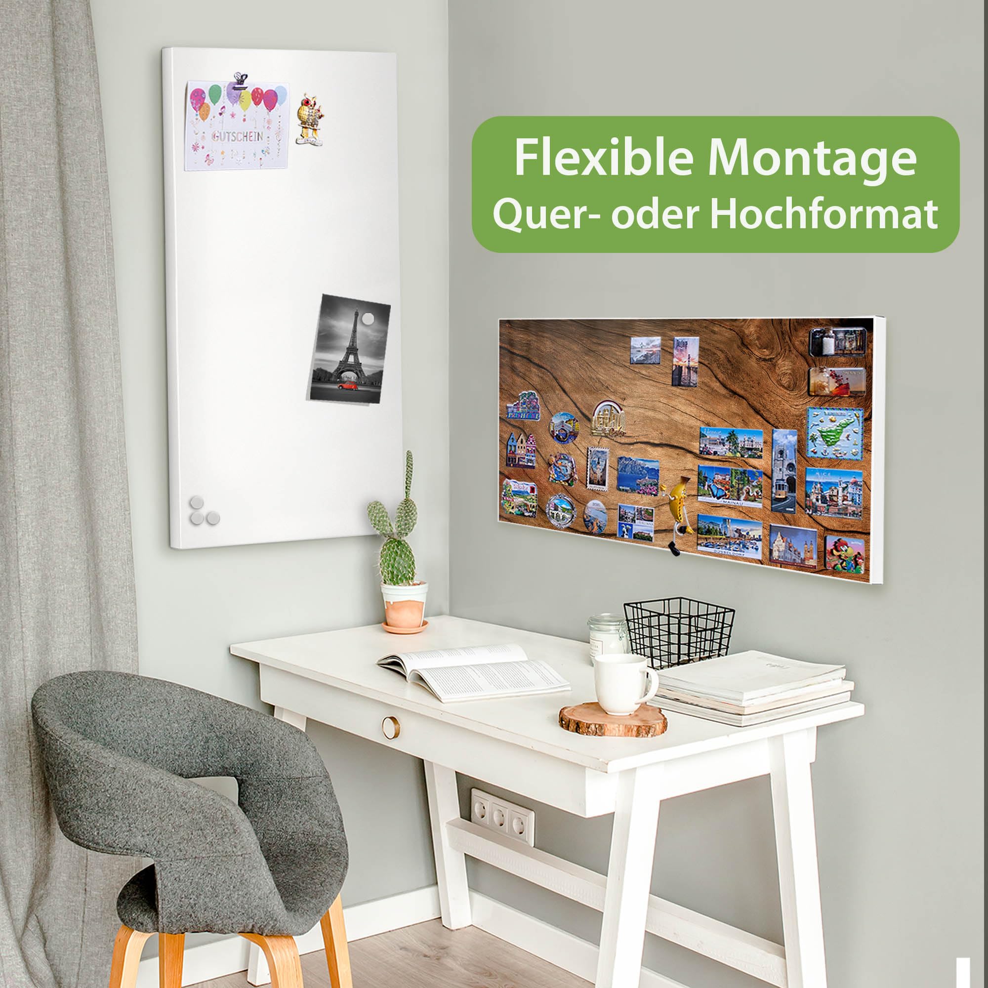 banjado Magnettafel Metall 78 x 37cm - beschreibbare Magnettafel - Metall Pinnwand als Memoboard - Magnetwand Küche, Büro, Kinderzimmer Weiß inkl. 4 Magnete & Montageset - Motiv Trockenes Holz