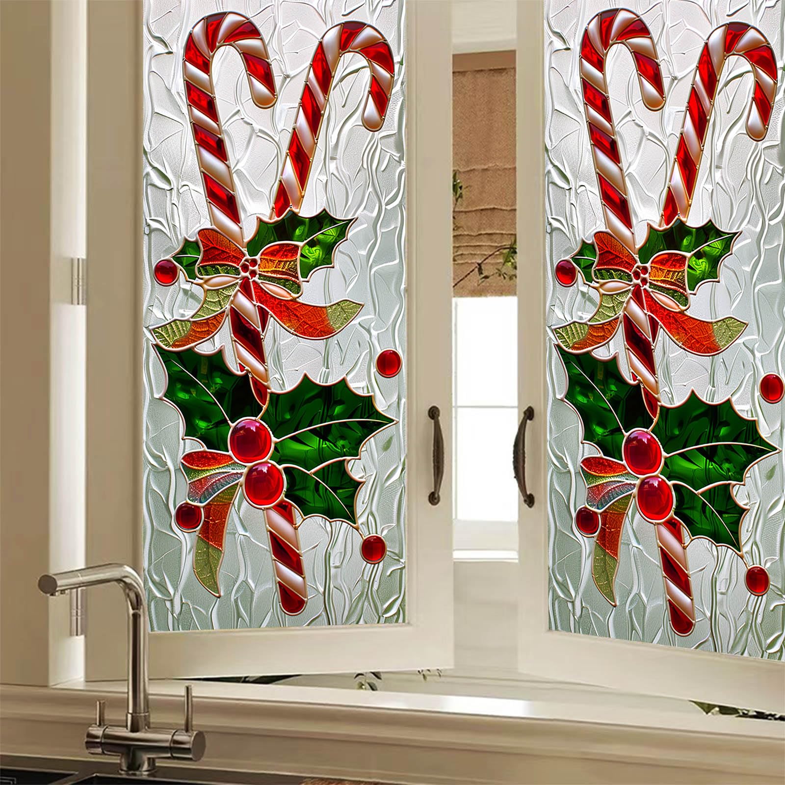 Hometitute Colorful#2 Candy Cane Stained Glass Privacy Film Decorative Window With Christmas Candy Cane Design Static Cling Window Cling For Home Kitchen Bathroom Living Room 17.7 X 39.3 Inch