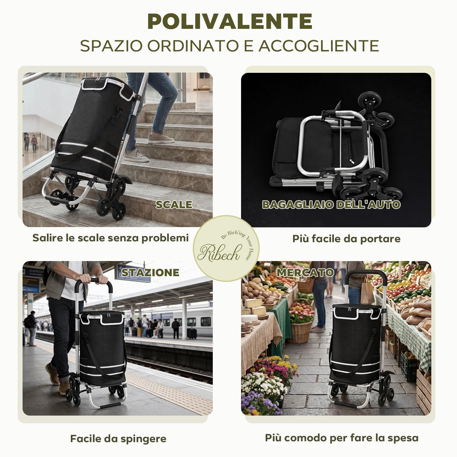 Carrello della Spesa Pieghevole 56L con Comparto Frigo | 3in1 Trasportino come Carriola & Borsa a Mano | Portata fino a 40kg | Telaio Alluminio Resistente e Impermeabile | Nero