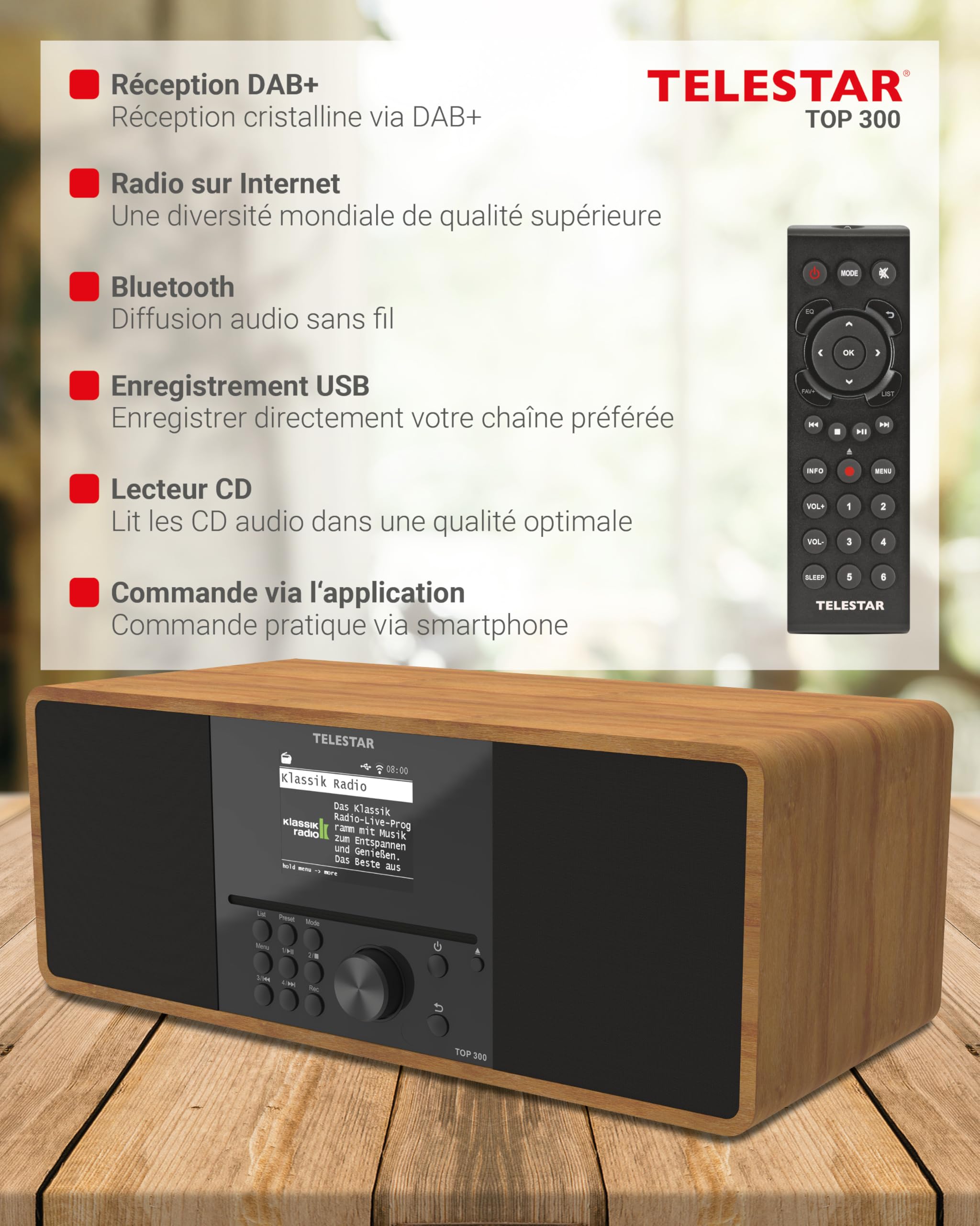 TELESTAR Top 300 – Radio Dab+/Internet avec Lecteur CD (stéréo, 2 × 15 W, Services de Streaming, Bluetooth Audio-Streaming & Fonction d’Envoi, Enregistrement USB, système d’Alerte d’Urgence) – Bois