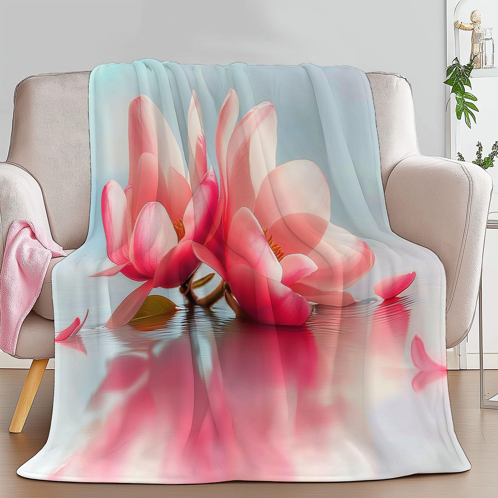 Genérico Manta Franela para Cama Crema, Ultra Suave Mantas Estampado Exquisito Flor Magnolia para Sofa 200 x 200 cm - Cálida y Acogedora para Cama Sofá Oficina Coche Viajes Camping