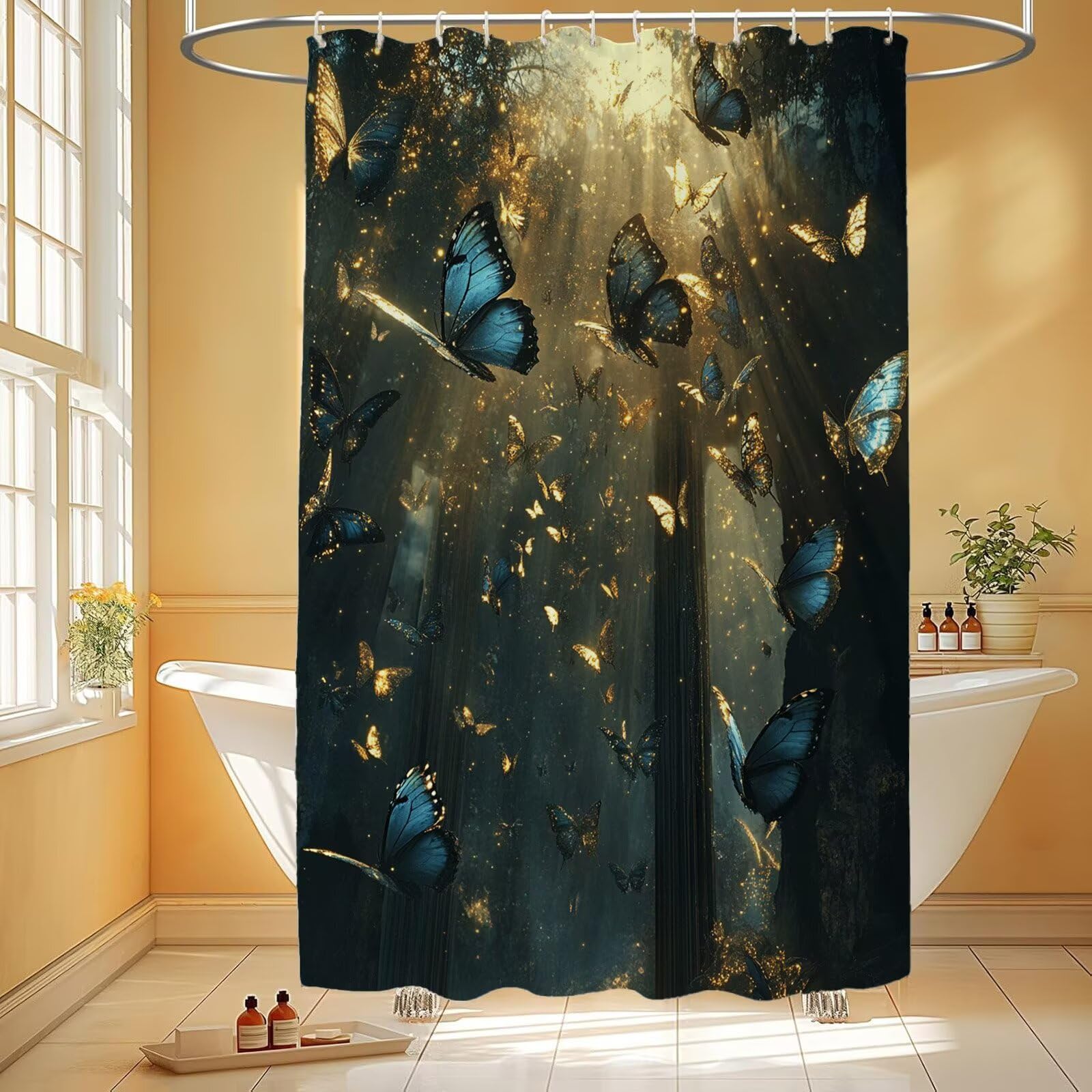 Duschvorhang 240x200 cm, Shower Curtains Schmetterling, Duschvorhänge Wald Wasserabweisend, Antischimmel, Waschbar Extra Breit Polyester Stoff Badevorhänge mit 12 Ringe, für Badewanne 9Q-220