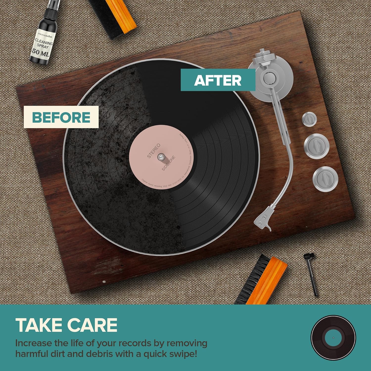 Stock Your Home Vinyl Record Cleaning Kit – 6-Piece Set with Vinyl Cleaner Spray, Anti-Static Velvet Brush, Needle Cleaning Gel & Brush, Drawstring Duster Bag - Image 4